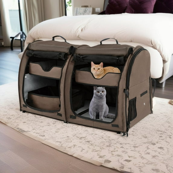 Pefilos 40" Soft-Sided Portable Dual Compartment Pet Carrier, Cat Carrier Condo with 2 Removable Hammocks, Brown