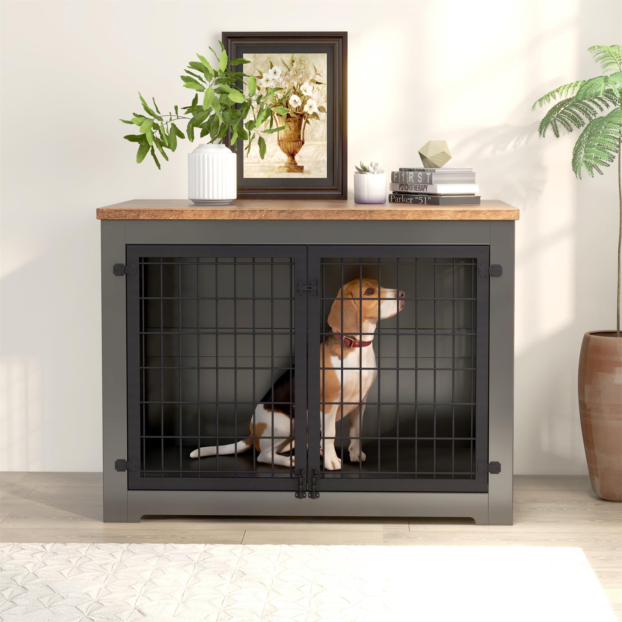 Pefilos 40" Wood Dog Crate Furniture with Door Lock and Double Doors, Indoor Decorative Iron Fence Dog Cage for Small Dogs, Black Pefilos 40" Wood Dog Crate Furniture with Door Lock and Double Doors, Indoor Decorative Iron Fence Dog Cage for Small Dogs, Black