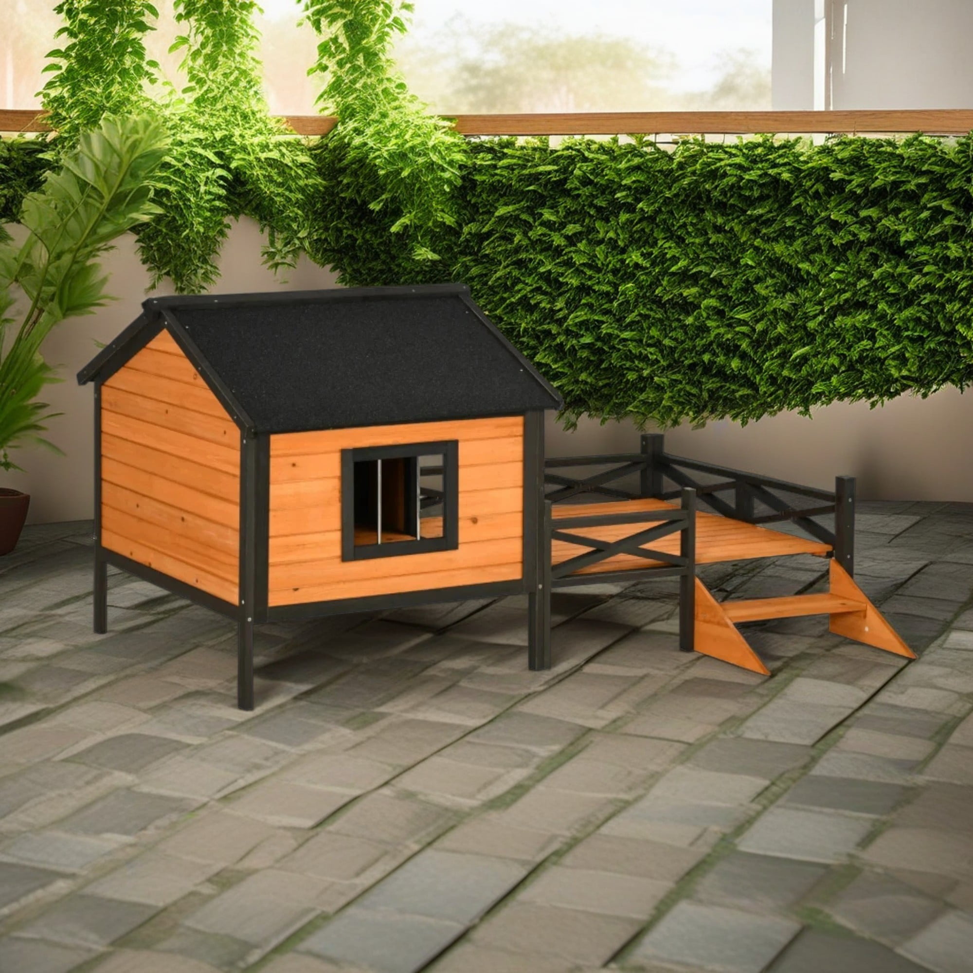 Pefilos 66" Wood Large Dog House Pet Shelter Pet Bunny House Outdoor Cat House, Orange Pefilos 66" Wood Large Dog House Pet Shelter Pet Bunny House Outdoor Cat House, Orange