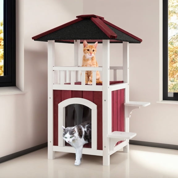 Pefilos 41" 2-Story Wooden Cat House with Asphalt Roof and Rain Curtain, Outdoor Cat Shelter, Feral Rainproof Kitty Cat Condo, Red