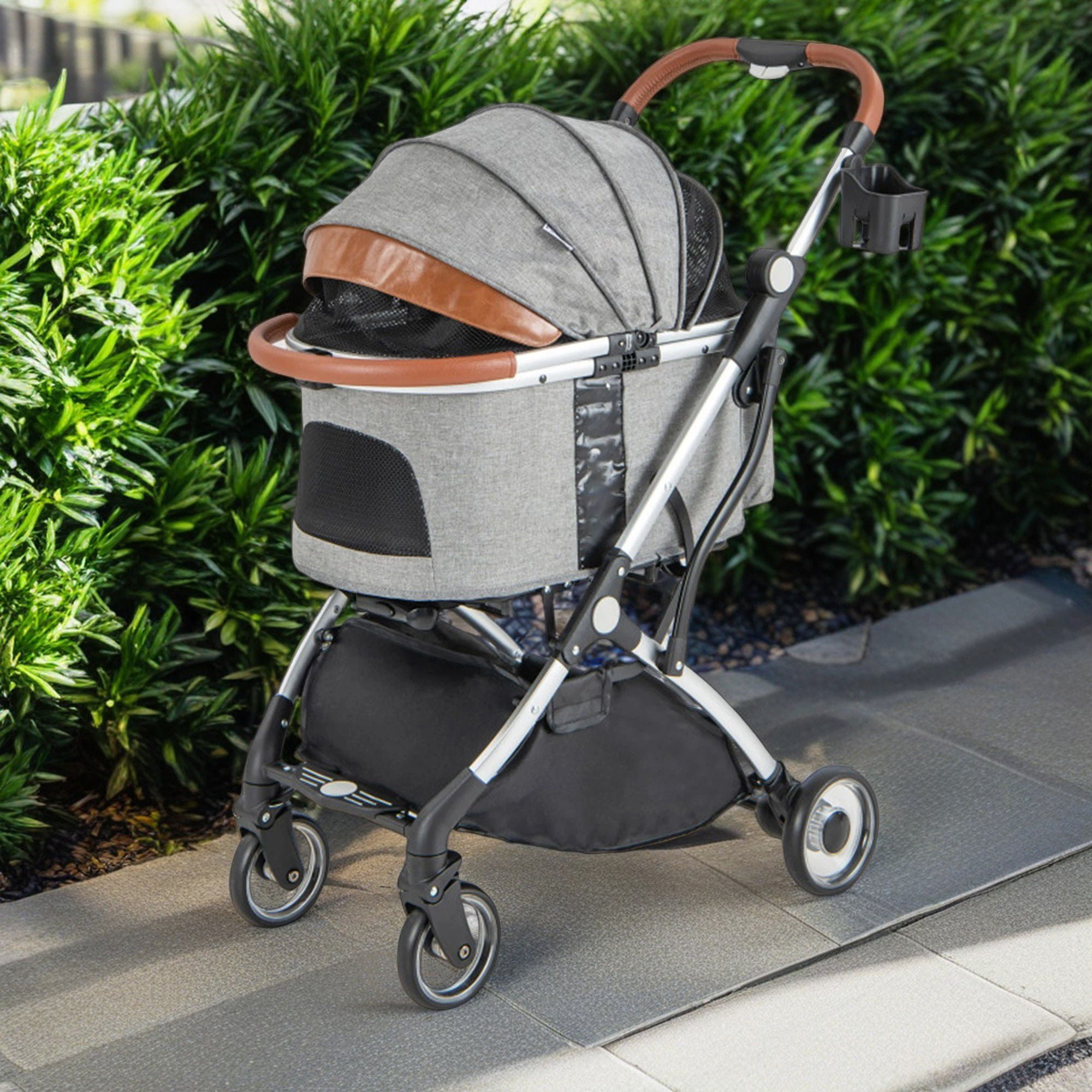 Pefilos 41" 4 Wheels Pet Stroller Dog Cat Cage Jogger Stroller, Travel Folding Carrier Puppy Stroller with Removable Waterproof Cover, Gray Pefilos 41" 4 Wheels Pet Stroller Dog Cat Cage Jogger Stroller, Travel Folding Carrier Puppy Stroller with Removable Waterproof Cover, Gray