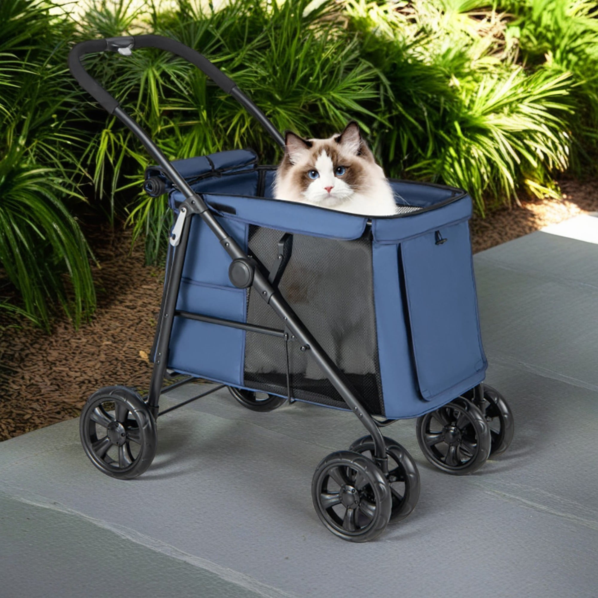 Pefilos 41" 4 Wheels Pet Stroller Dog Cat Cage Jogger Stroller, Travel One-Button Foldable Carrier Puppy Stroller with Breathable Mesh, Blue Pefilos 41" 4 Wheels Pet Stroller Dog Cat Cage Jogger Stroller, Travel One-Button Foldable Carrier Puppy Stroller with Breathable Mesh, Blue