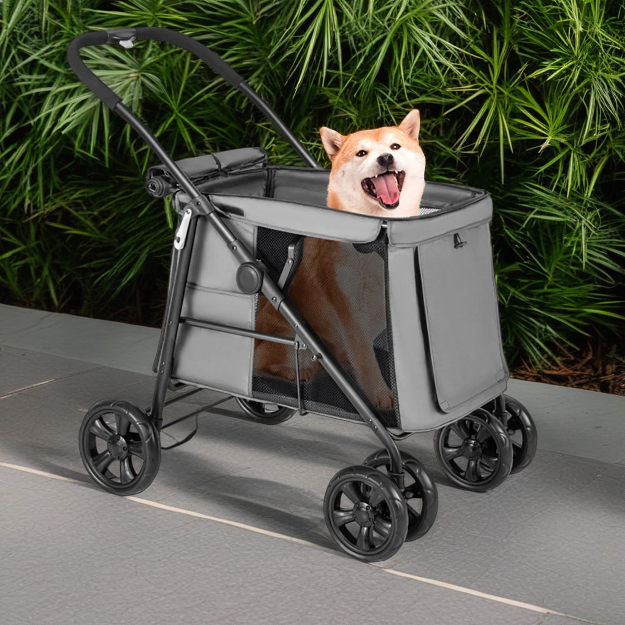 Pefilos 41" 4 Wheels Pet Stroller Dog Cat Cage Jogger Stroller, Travel One-Button Foldable Carrier Puppy Stroller with Breathable Mesh, Gray Pefilos 41" 4 Wheels Pet Stroller Dog Cat Cage Jogger Stroller, Travel One-Button Foldable Carrier Puppy Stroller with Breathable Mesh, Gray