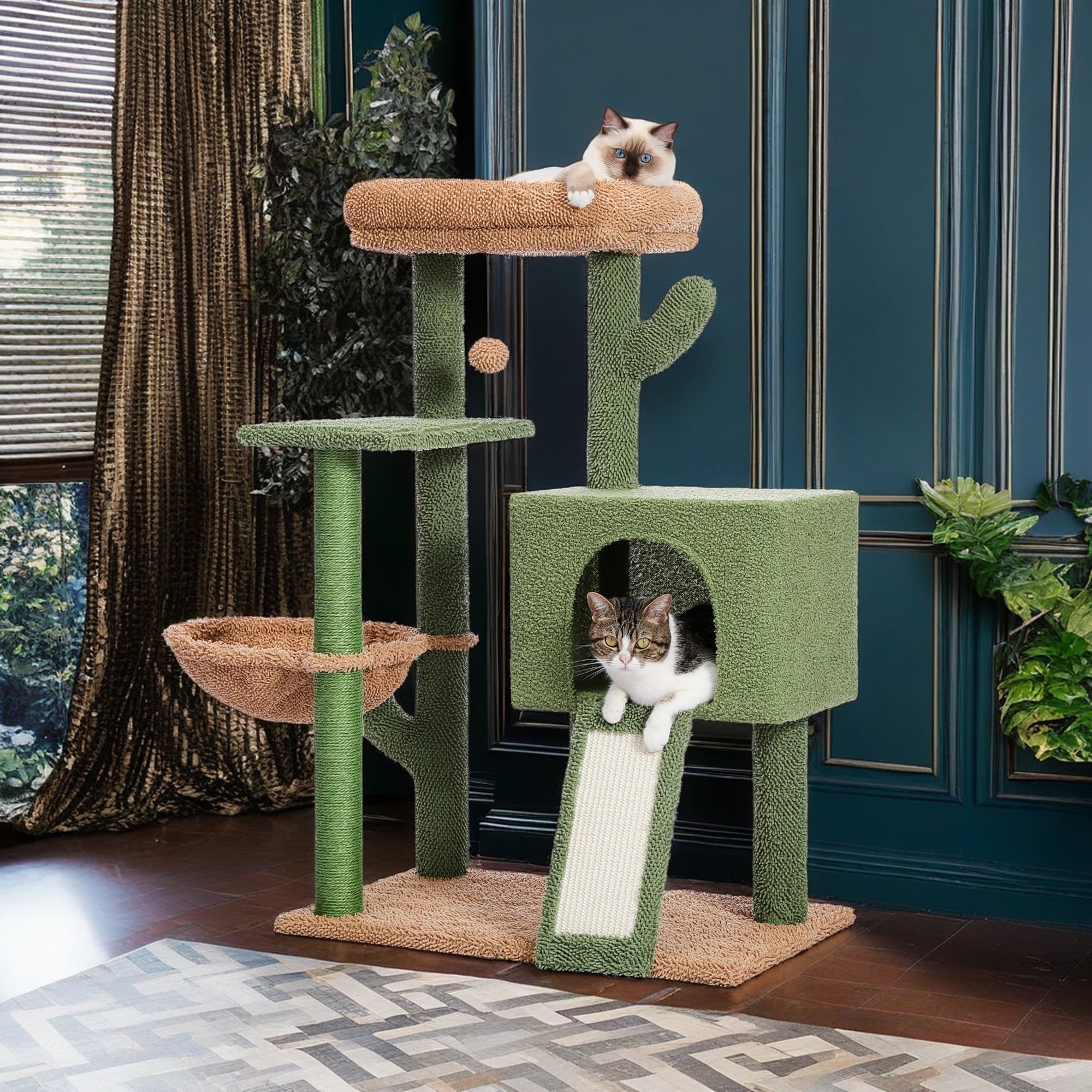 Pefilos 41 Cat Tree Cute Cactus Cat Tower with Sisal Covered Scratching Post and Cozy Condo for Indoor Cats Cat Climbing Stand with Soft Hammock Green Walmart