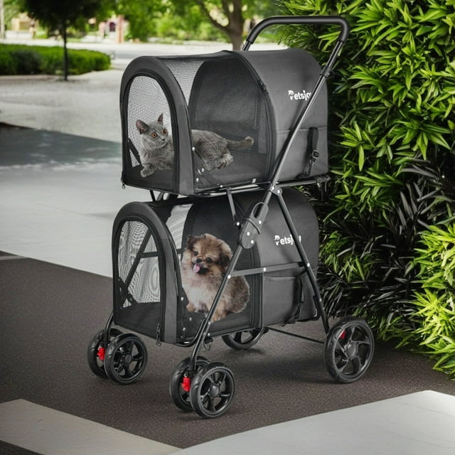 Pefilos 41" Double Pet Stroller 4 Wheels Dog Cat Stroller, Carrier Jogger Travel Foldable Puppy Stroller with Detachable Carriers and Travel Carriage, Black Pefilos 41" Double Pet Stroller 4 Wheels Dog Cat Stroller, Carrier Jogger Travel Foldable Puppy Stroller with Detachable Carriers and Travel Carriage, Black