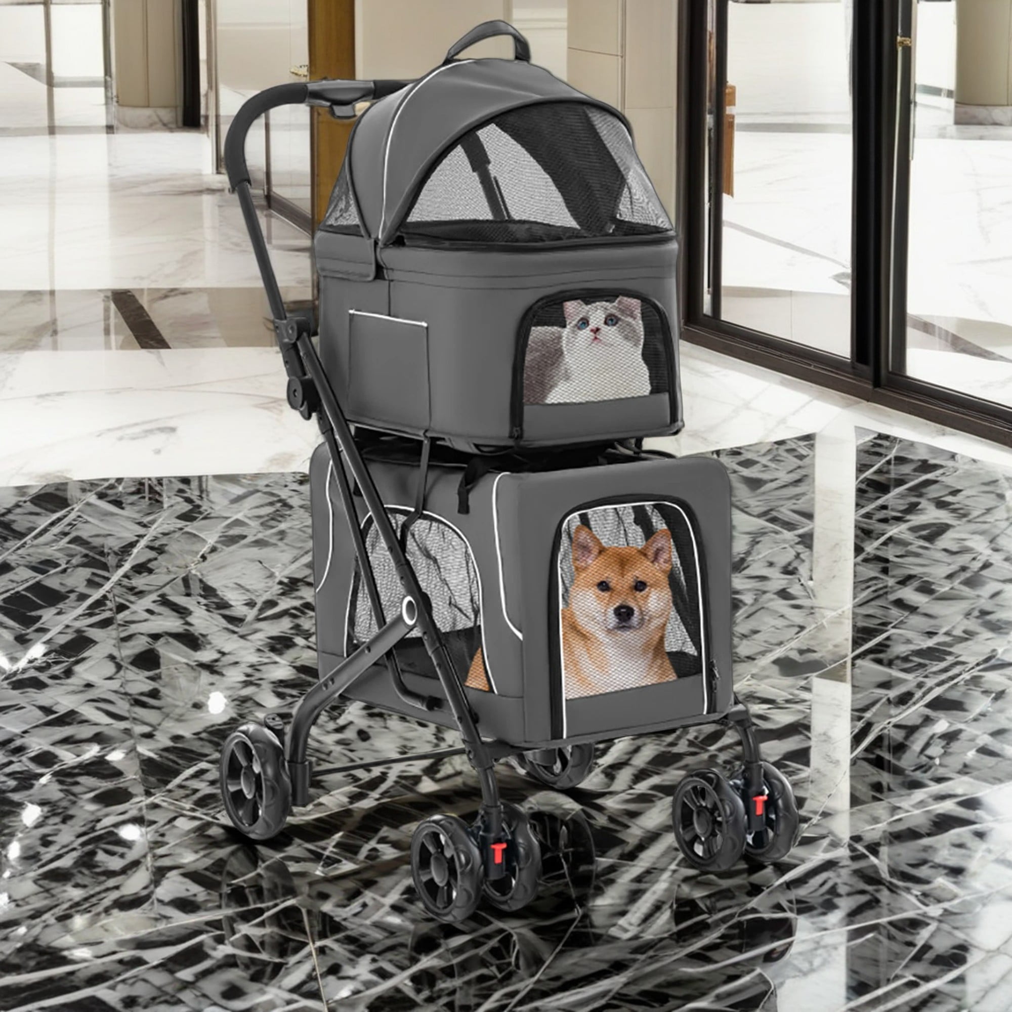 Pefilos 41" Double Pet Stroller 4 Wheels Dog Cat Stroller, Carrier Jogger Travel Foldable Puppy Stroller with 2 Detachable Carriers, Gray Pefilos 41" Double Pet Stroller 4 Wheels Dog Cat Stroller, Carrier Jogger Travel Foldable Puppy Stroller with 2 Detachable Carriers, Gray