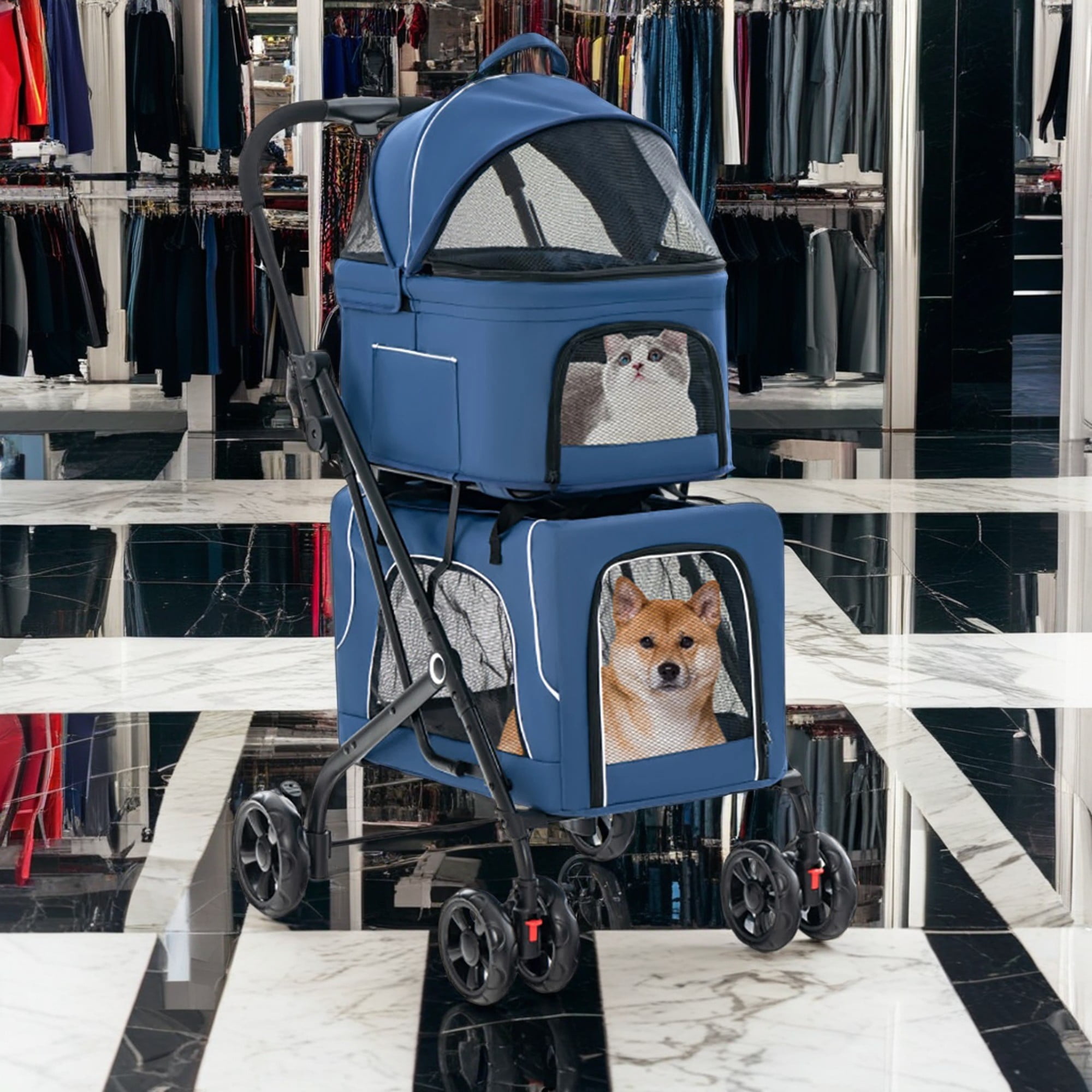 Pefilos 41" Double Pet Stroller Dog Cat Cage Jogger Stroller, 3-in-1 Travel Foldable Carrier Puppy Stroller with 2 Detachable Carriers, Blue Pefilos 41" Double Pet Stroller Dog Cat Cage Jogger Stroller, 3-in-1 Travel Foldable Carrier Puppy Stroller with 2 Detachable Carriers, Blue