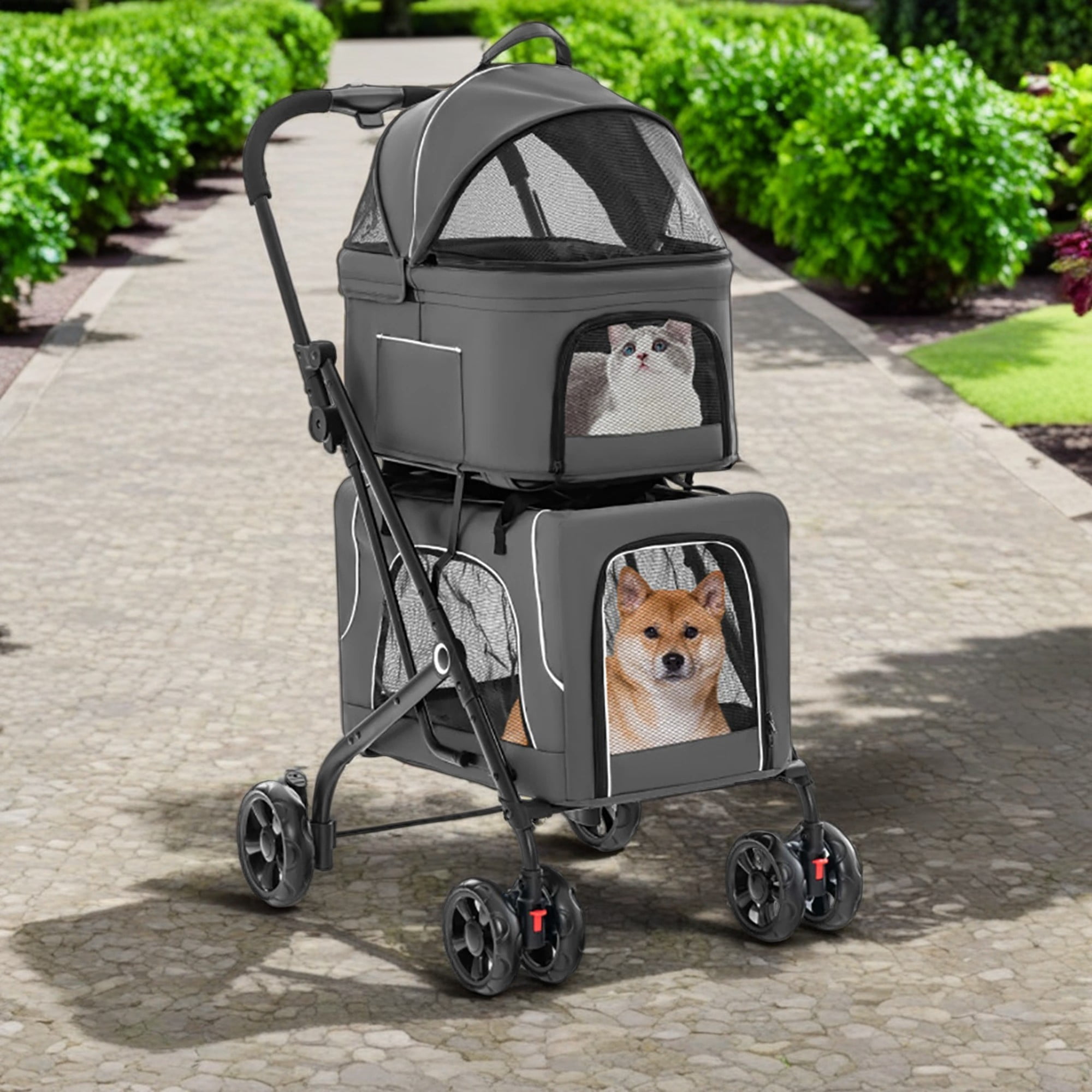 Pefilos 41" Double Pet Stroller Dog Cat Cage Jogger Stroller, 3-in-1 Travel Foldable Carrier Puppy Stroller with 2 Detachable Carriers, Gray Pefilos 41" Double Pet Stroller Dog Cat Cage Jogger Stroller, 3-in-1 Travel Foldable Carrier Puppy Stroller with 2 Detachable Carriers, Gray