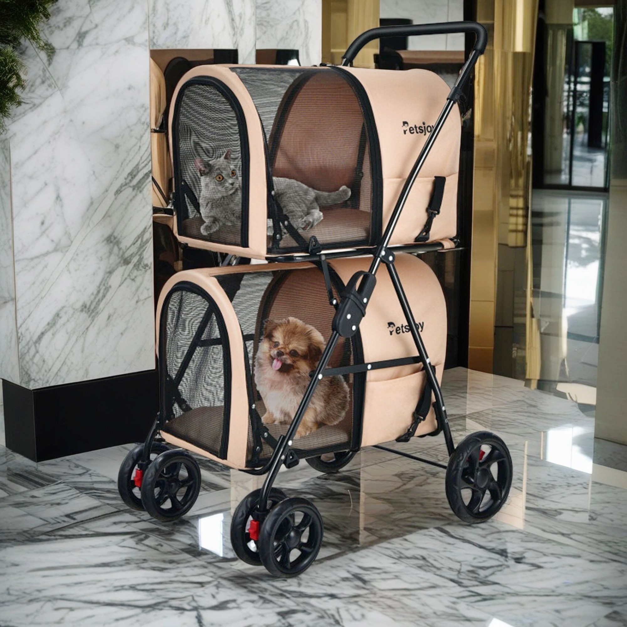 Pefilos 41" Double Pet Stroller Dog Cat Cage Jogger Stroller, 4-in-1 Travel Foldable Carrier Puppy Stroller with Detachable Carriers and Travel Carriage, Beige Pefilos 41" Double Pet Stroller Dog Cat Cage Jogger Stroller, 4-in-1 Travel Foldable Carrier Puppy Stroller with Detachable Carriers and Travel Carriage, Beige