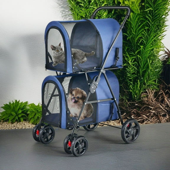 Pefilos 41" Double Pet Stroller Dog Cat Cage Jogger Stroller, 4-in-1 Travel Foldable Carrier Puppy Stroller with Detachable Carriers and Travel Carriage, Blue