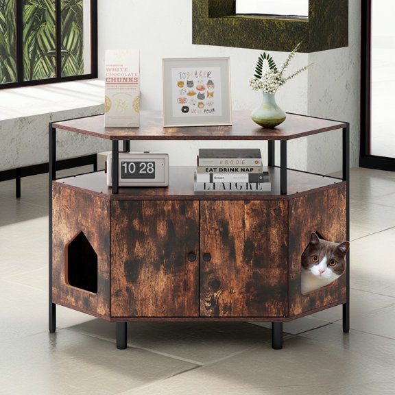 Pefilos 41" Large Hidden Cat Litter Box Enclosure Furniture with Shelf, Corner Wood Cat House Cat Washroom with 2 Entrances, Brown