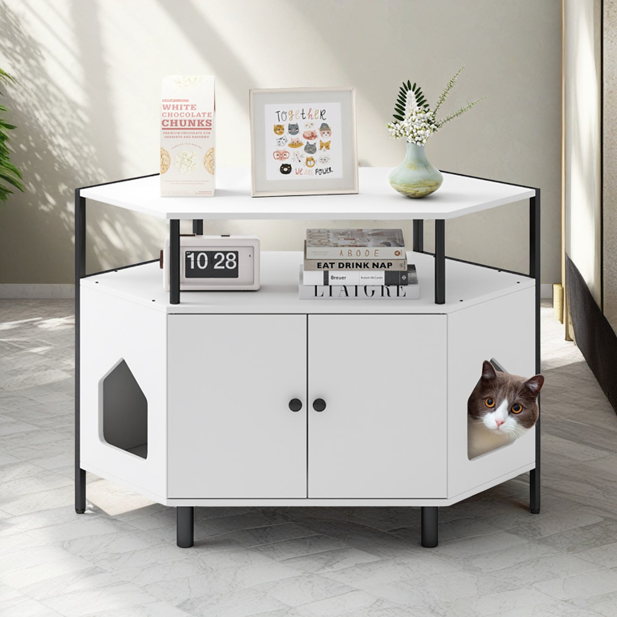 Pefilos 41" Large Hidden Cat Litter Box Enclosure Furniture with Shelf, Corner Wood Cat House Cat Washroom with 2 Entrances, White Pefilos 41" Large Hidden Cat Litter Box Enclosure Furniture with Shelf, Corner Wood Cat House Cat Washroom with 2 Entrances, White