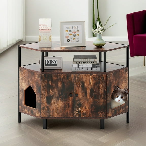 Pefilos 41" Large Hidden Cat Litter Box Furniture with Shelf, Wood Sturdy Cat Washroom Enclosure Cat House Storage with 2 Entrances, Brown