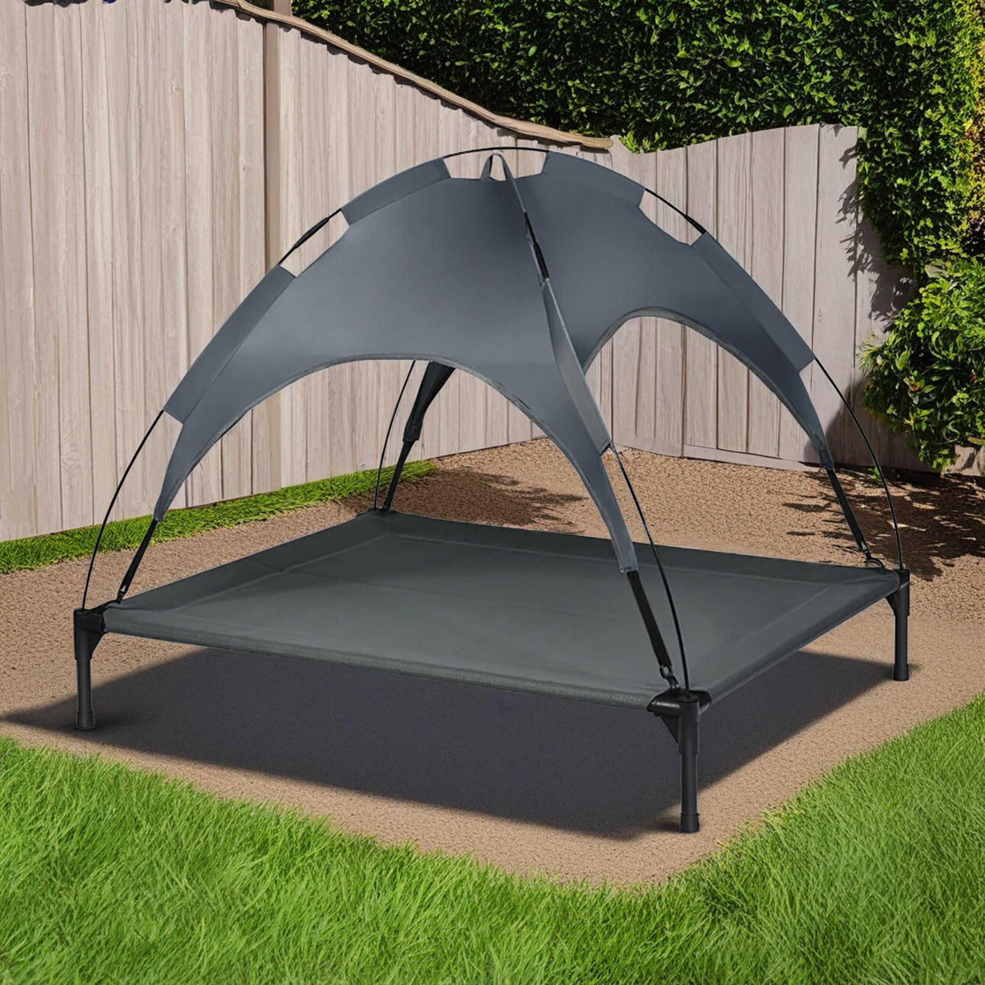 Pefilos 41" Outdoor Elevated Dog Cot with Removable Canopy Shade, Pet Bed for Camping Small Medium Dogs, Portable Cooling Raised Dog Bed with and Side for Beach, Gray