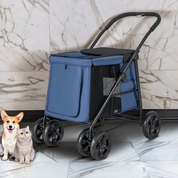 Pefilos 41" Pet Stroller 4 Wheels Dog Cat Stroller, Carrier Jogger Travel One-Button Foldable Puppy Stroller with Breathable Mesh, Blue
