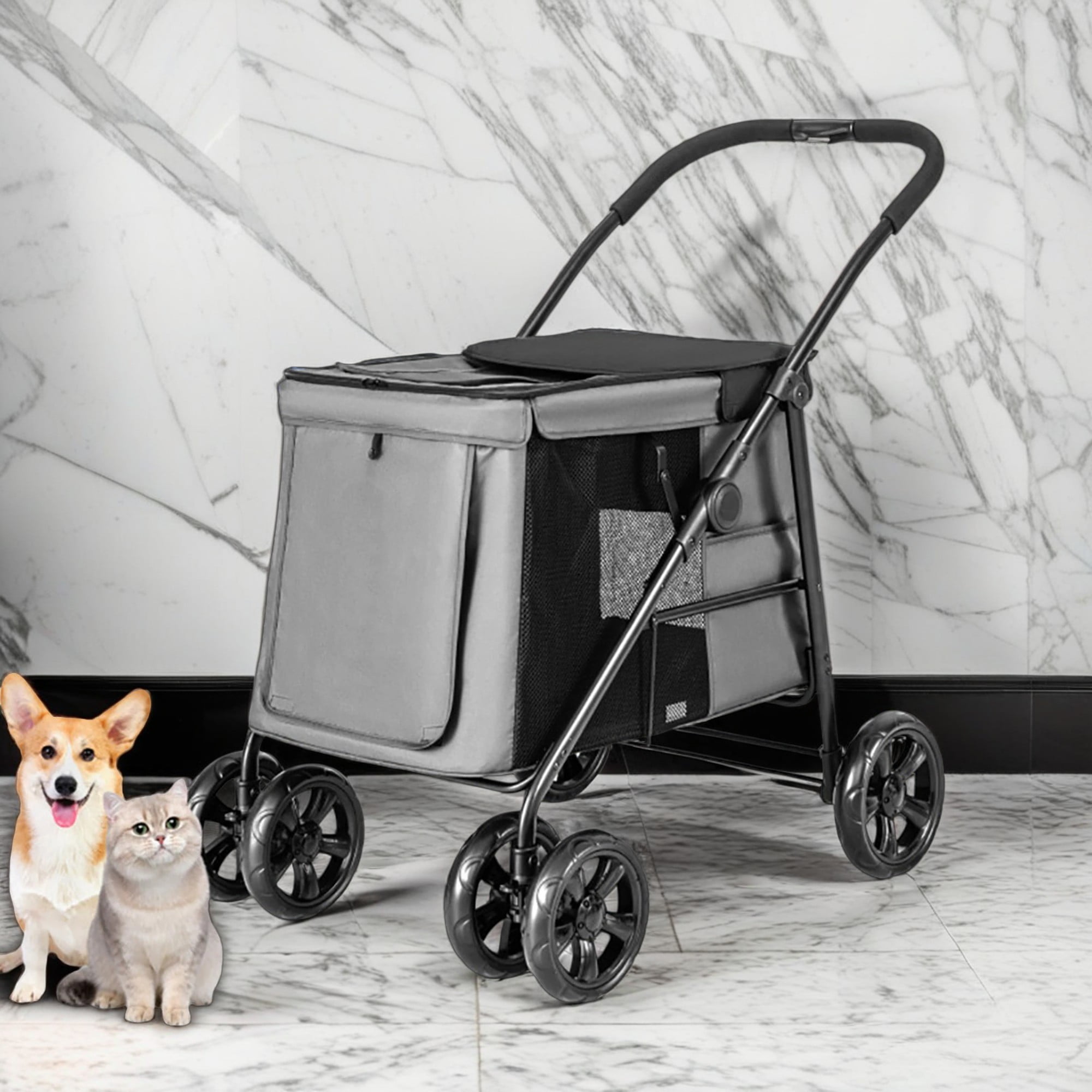 Pefilos 41" Pet Stroller 4 Wheels Dog Cat Stroller, Carrier Jogger Travel One-Button Foldable Puppy Stroller with Breathable Mesh, Gray Pefilos 41" Pet Stroller 4 Wheels Dog Cat Stroller, Carrier Jogger Travel One-Button Foldable Puppy Stroller with Breathable Mesh, Gray