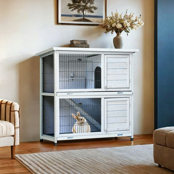 Pefilos 41" Rabbit Hutch Indoor, Wooden Bunny Hutch Outdoor Rabbit House Guinea Pig Cages, Gray