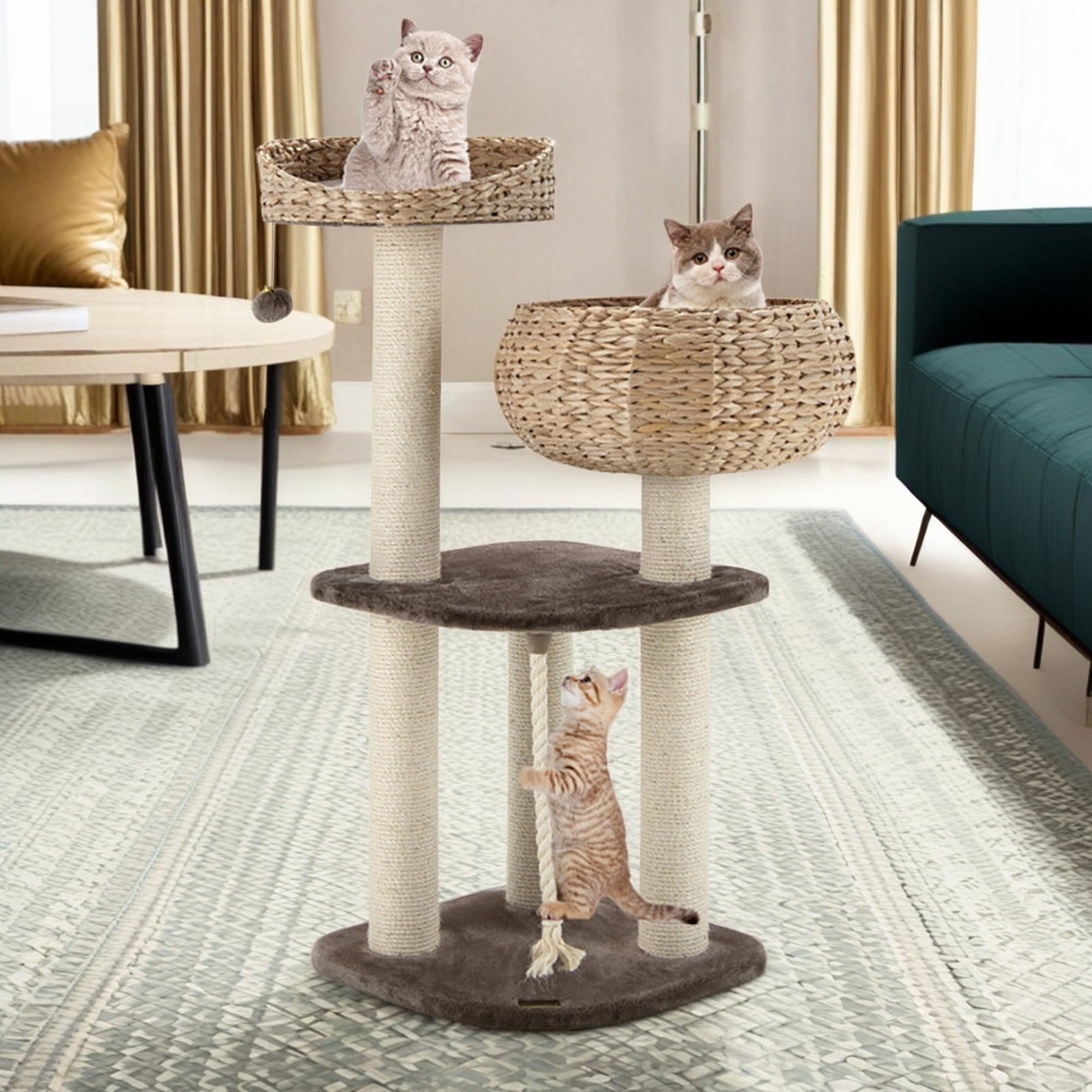 Pefilos 41" Rattan Cat Tree Indoor Climbing Activity Tower with Scratching Posts, Napping Perch, Brown Pefilos 41" Rattan Cat Tree Indoor Climbing Activity Tower with Scratching Posts, Napping Perch, Brown