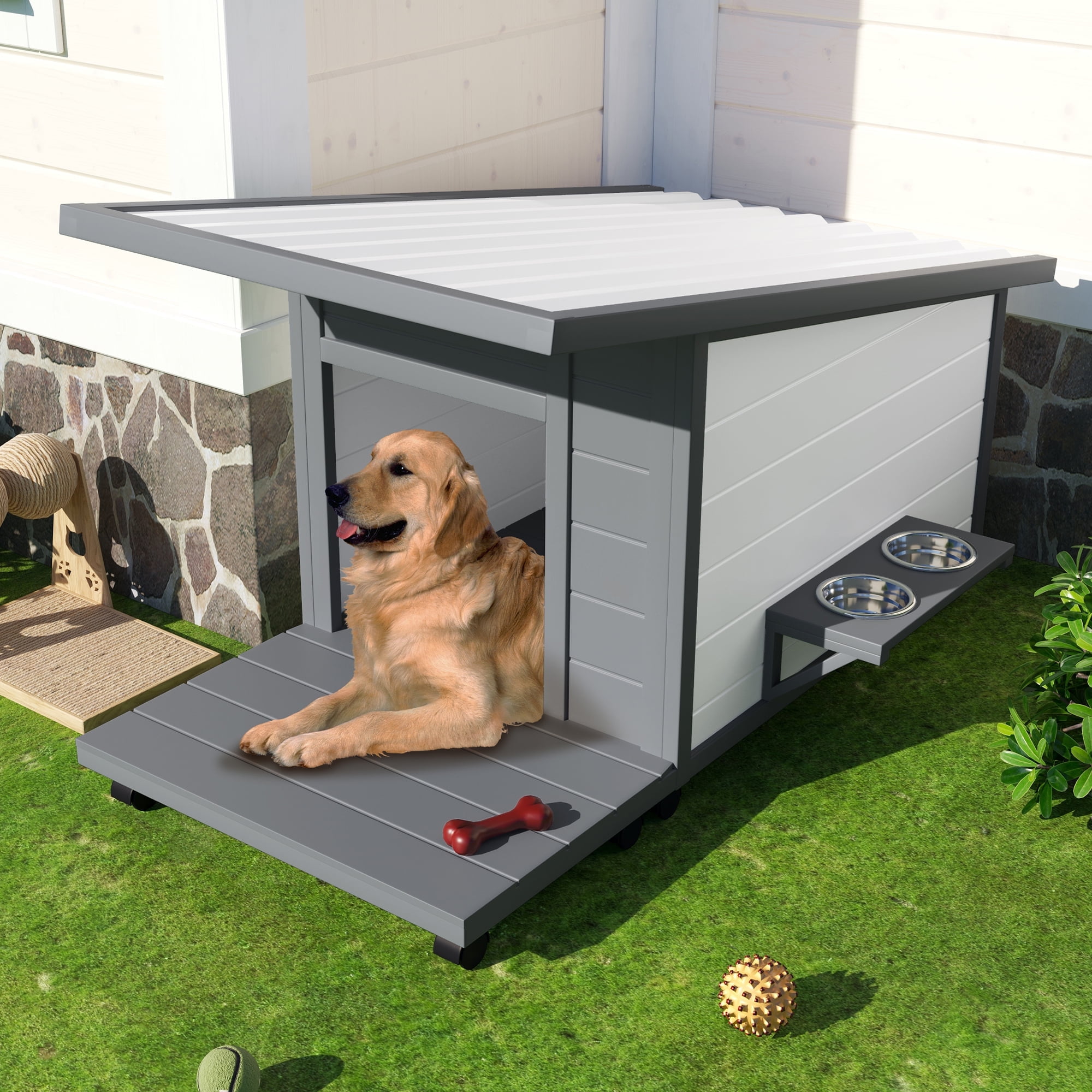 Pefilos 44" Wood Dog Houses for Dogs, Outdoor Weatherproof Pet Cat House with Food Bowl, Elevated Floor and 4 Swivel Wheels, White Pefilos 44" Wood Dog Houses for Dogs, Outdoor Weatherproof Pet Cat House with Food Bowl, Elevated Floor and 4 Swivel Wheels, White