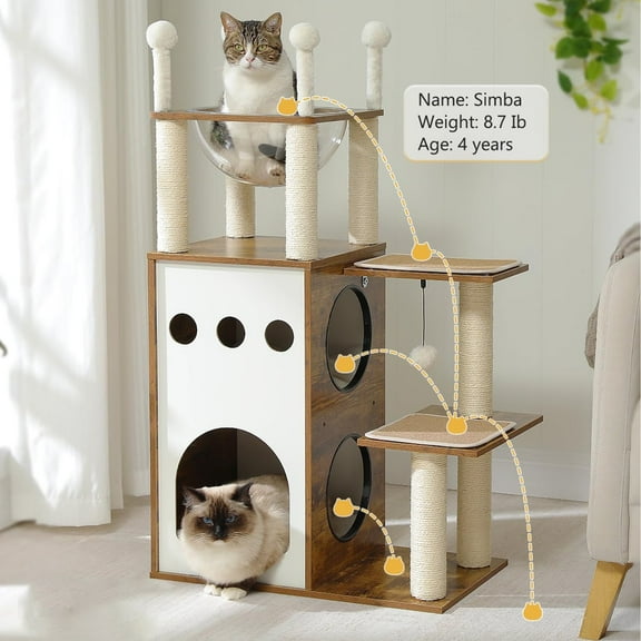 Pefilos 42" Cat Tree House for Multiple Cats, Cat Tower with Double Spacious Condos Perch, Hammock, Kittens Activity Centre, Brown