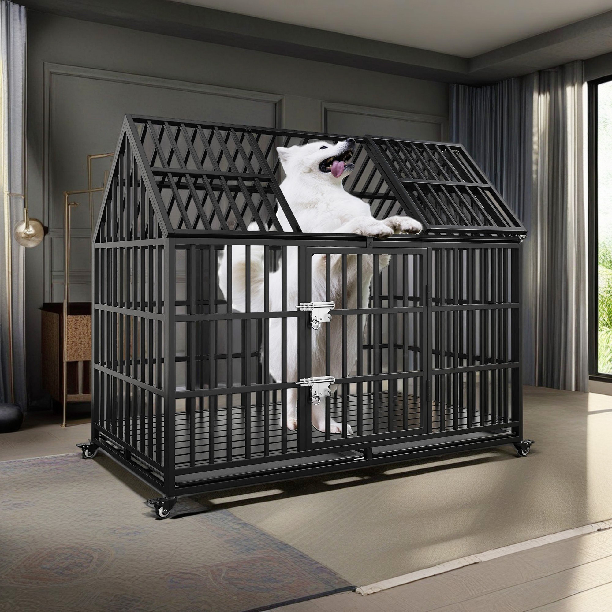 Pefilos 54" Large Dog Cage for Indoor Heavy Duty Metal Dog Crate Kennel with 4 Universal Wheels, Openable Pointed Top and Front Door, Black