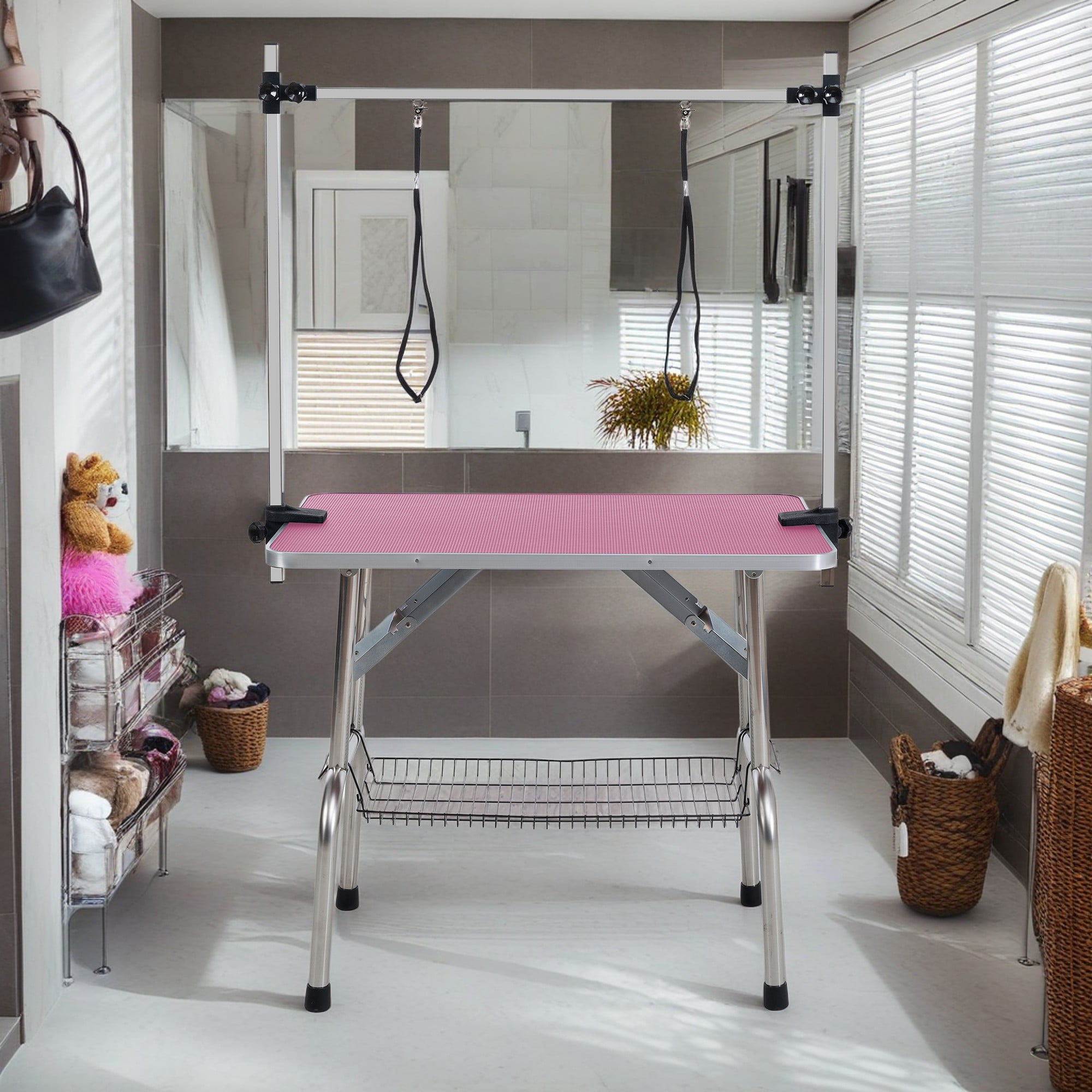 Pefilos 42" Dog Pet Grooming Table, Adjustable Arm Foldable Non-Slip Top, Rust-Proof, Waterproof, Warp-Free Trimming Table for Pets, Pink Pefilos 42" Dog Pet Grooming Table, Adjustable Arm Foldable Non-Slip Top, Rust-Proof, Waterproof, Warp-Free Trimming Table for Pets, Pink