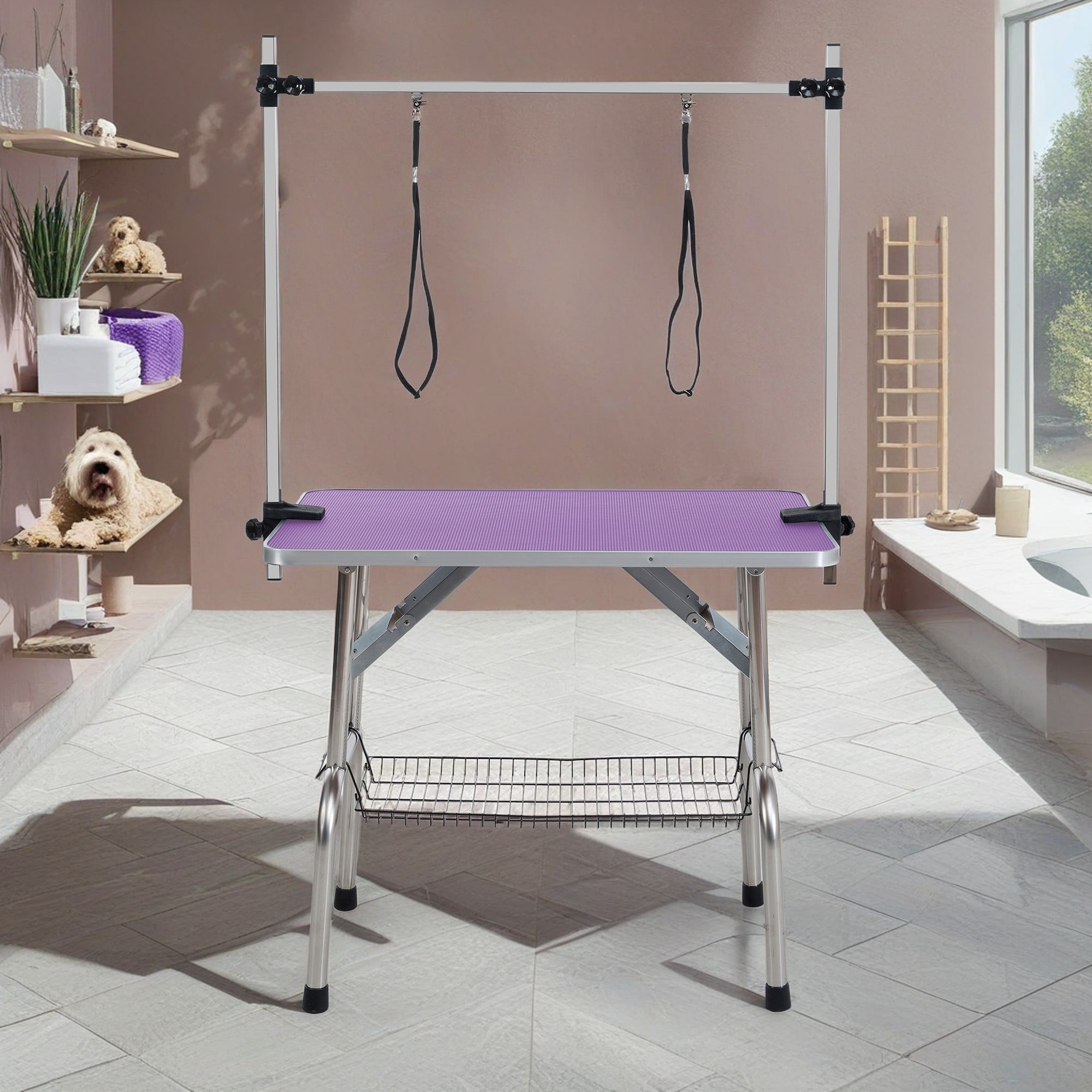 Pefilos 42" Dog Pet Grooming Table, Adjustable Arm Foldable Non-Slip Top, Rust-Proof, Waterproof, Warp-Free Trimming Table for Pets, Purple Pefilos 42" Dog Pet Grooming Table, Adjustable Arm Foldable Non-Slip Top, Rust-Proof, Waterproof, Warp-Free Trimming Table for Pets, Purple