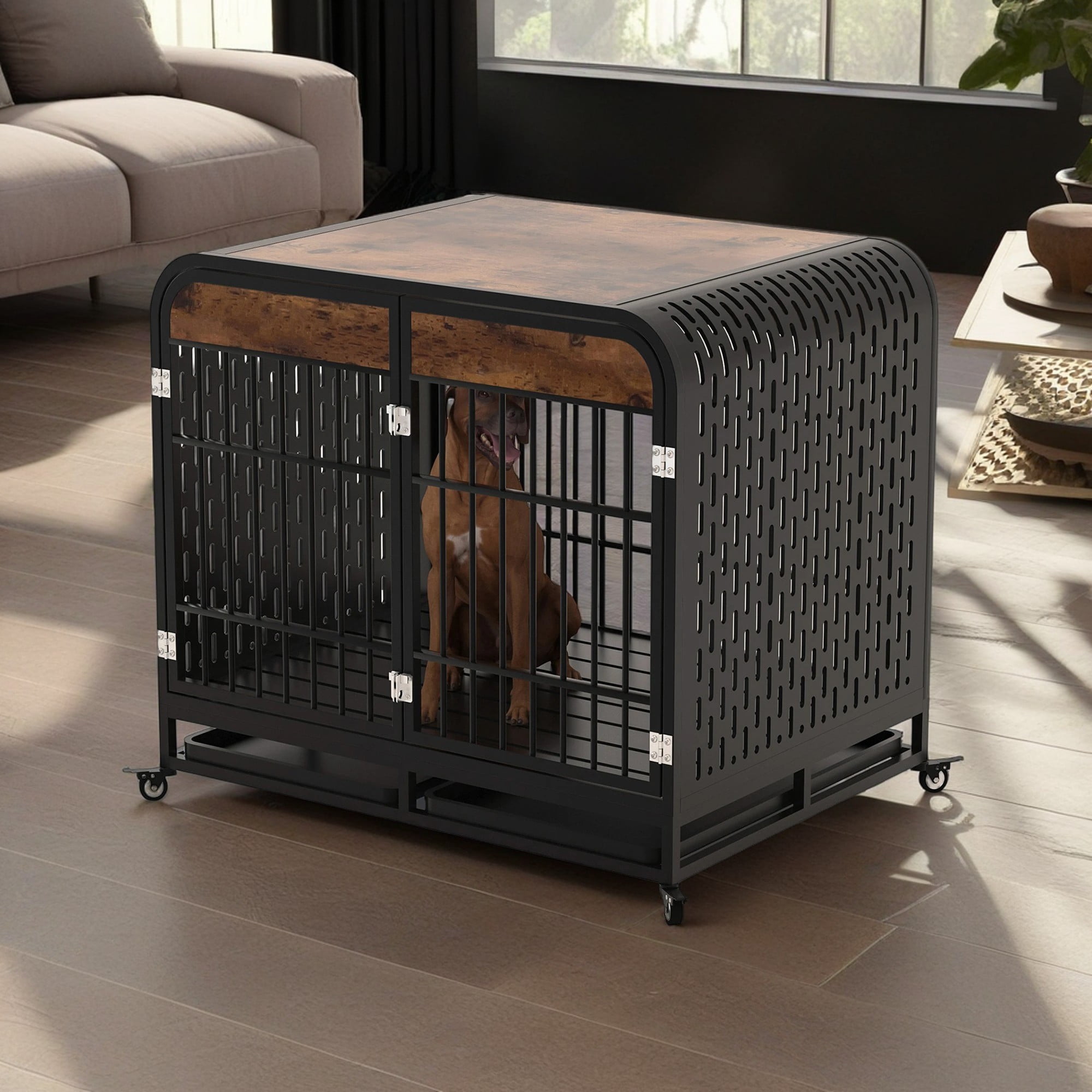 Pefilos 42" Heavy Duty Dog Crate Cage with Wheels, Wood Kennel Furniture High Anxiety Indestructible, Sturdy Locks Design, Double Door and Removable Tray, Brown Pefilos 42" Heavy Duty Dog Crate Cage with Wheels, Wood Kennel Furniture High Anxiety Indestructible, Sturdy Locks Design, Double Door and Removable Tray, Brown