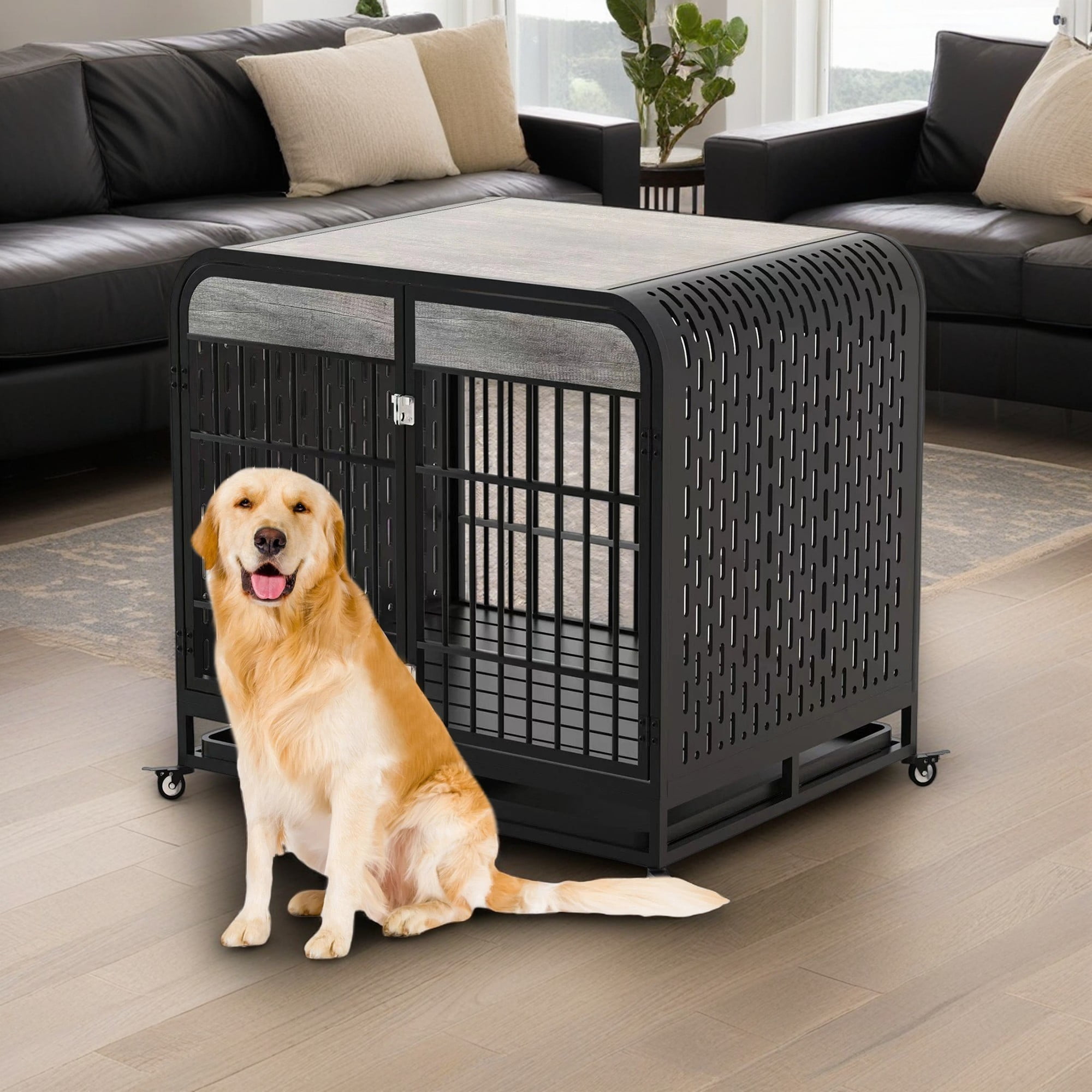 Pefilos 42" Heavy Duty Dog Crate Cage with Wheels, Wood Kennel Furniture High Anxiety Indestructible, Sturdy Locks Design, Double Door and Removable Tray, Gray Pefilos 42" Heavy Duty Dog Crate Cage with Wheels, Wood Kennel Furniture High Anxiety Indestructible, Sturdy Locks Design, Double Door and Removable Tray, Gray