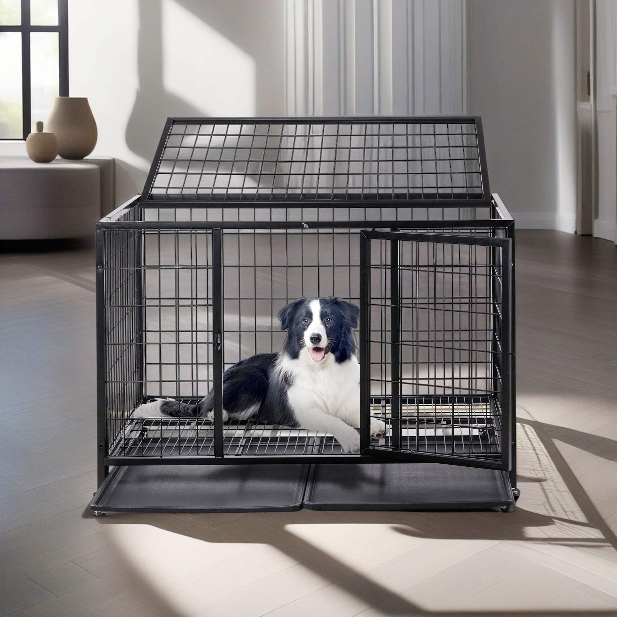Pefilos 42" Heavy-Duty Dog Crate, Metal Dog Kennel and Cage with Removable Tray for Medium to Large Dogs, Black Pefilos 42" Heavy-Duty Dog Crate, Metal Dog Kennel and Cage with Removable Tray for Medium to Large Dogs, Black