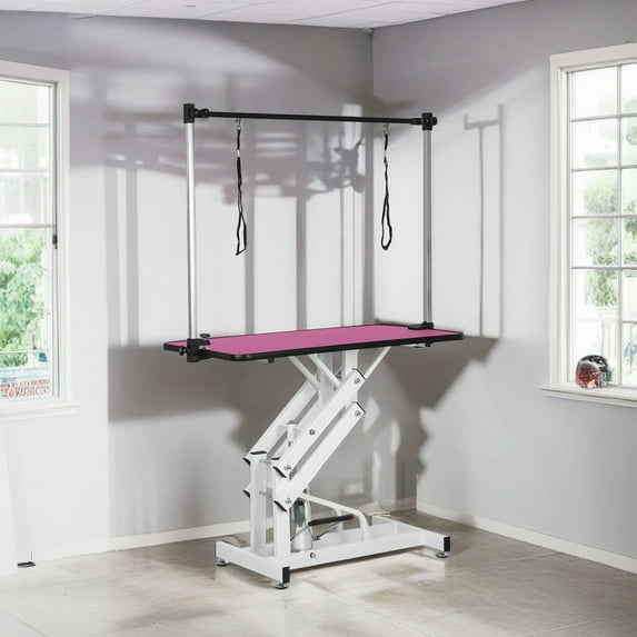 Pefilos 42" Heavy Duty Electric Lifting Pet Dog Grooming Table with "H" Arm, Anti-Skid Rubber Desktop and Powerful Motor Hydraulic Drying Table for Large Dogs, Pink