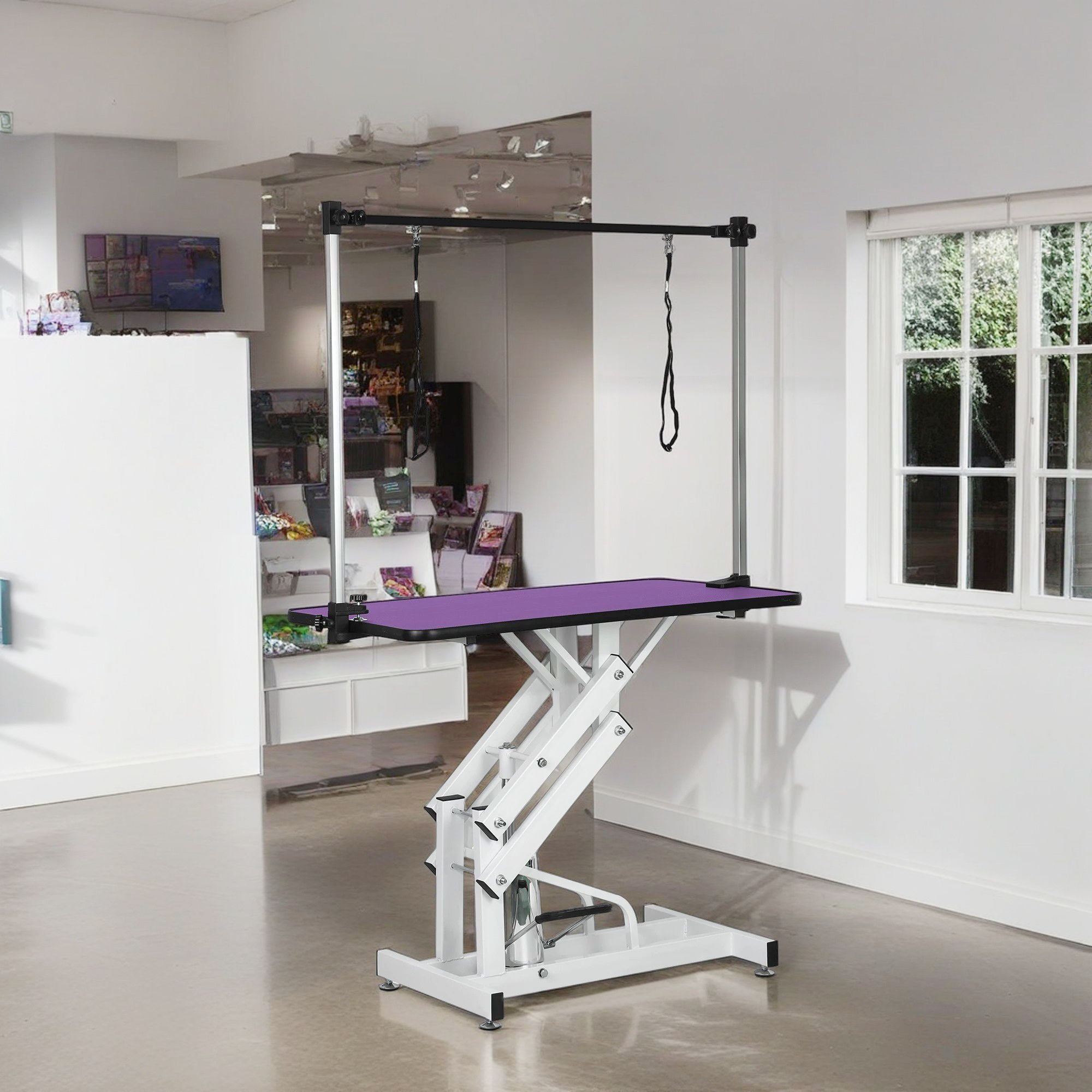 Pefilos 42" Heavy Duty Electric Lifting Pet Dog Grooming Table with "H" Arm, Anti-Skid Rubber Desktop and Powerful Motor Hydraulic Drying Table for Large Dogs, Purple