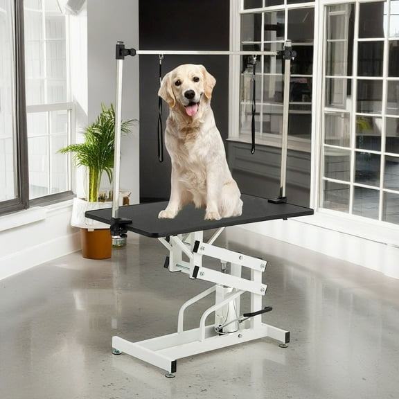 Pefilos 42" Heavy Duty Electric Lifting Pet Dog Grooming Table for Large Dogs with Overhead Arm, Anti-Skid Rubber Desktop and Powerful Motor Hydraulic Drying Table, Black
