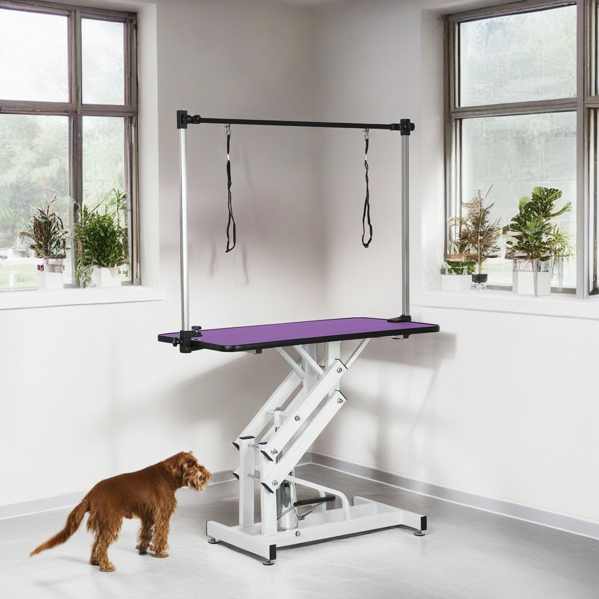 Pefilos 42" Heavy Duty Electric Lifting Pet Dog Grooming Table for Large Dogs with "H" Arm, Anti-Skid Rubber Desktop and Powerful Motor, Purple