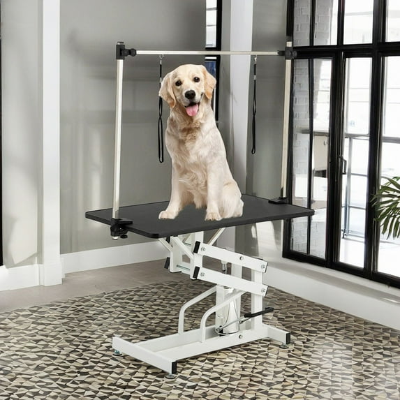 Pefilos 42" Heavy Duty Electric Lifting Pet Dog Grooming Table for Large Dogs with Overhead Arm, Anti-Skid Rubber Desktop and Powerful Motor, Black