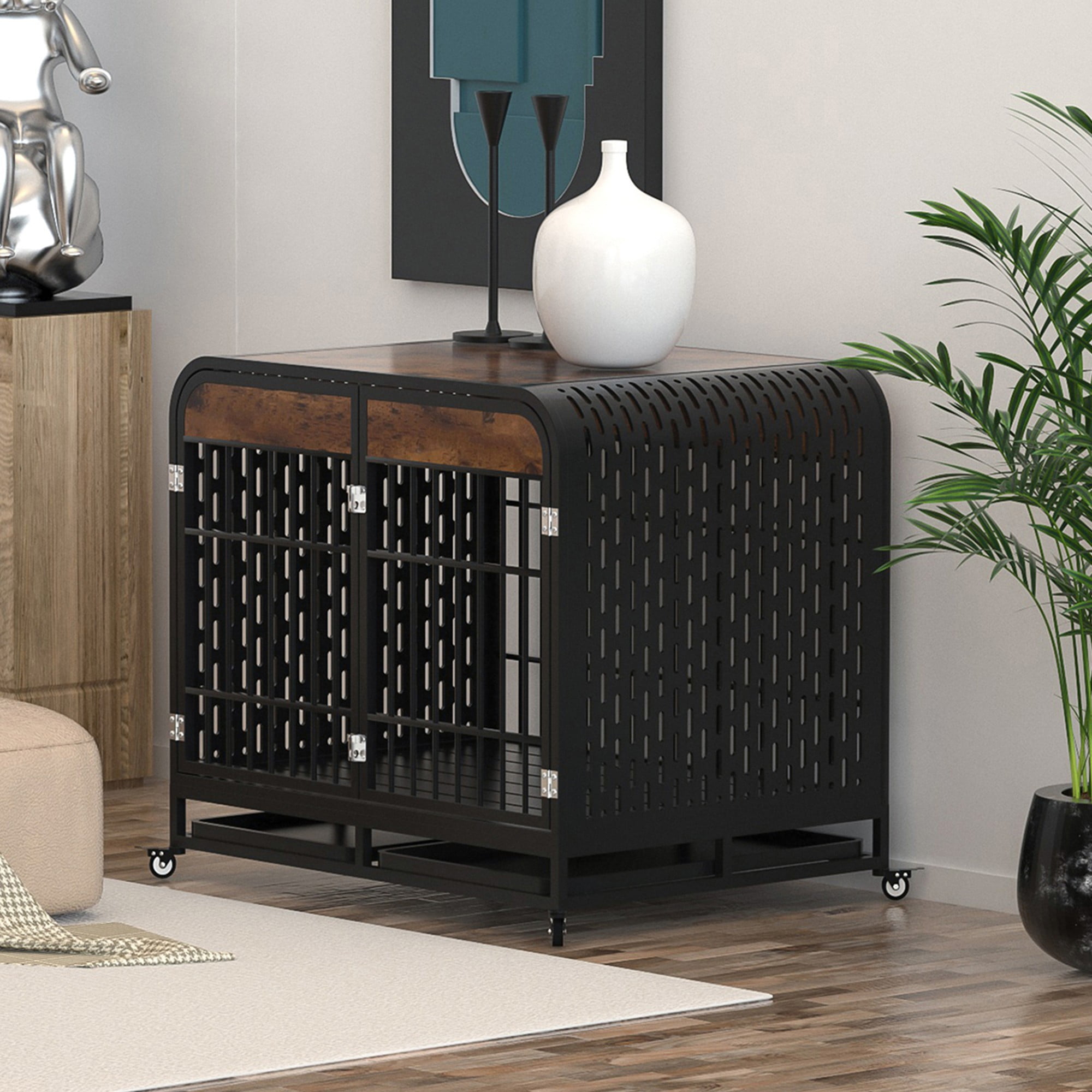 Pefilos 42" Heavy Duty Indestructible Dog Crate Furniture, Escape Proof Dog Cage Kennel with Lockable Wheels, High Anxiety Double Door, Removable Tray, Brown Pefilos 42" Heavy Duty Indestructible Dog Crate Furniture, Escape Proof Dog Cage Kennel with Lockable Wheels, High Anxiety Double Door, Removable Tray, Brown