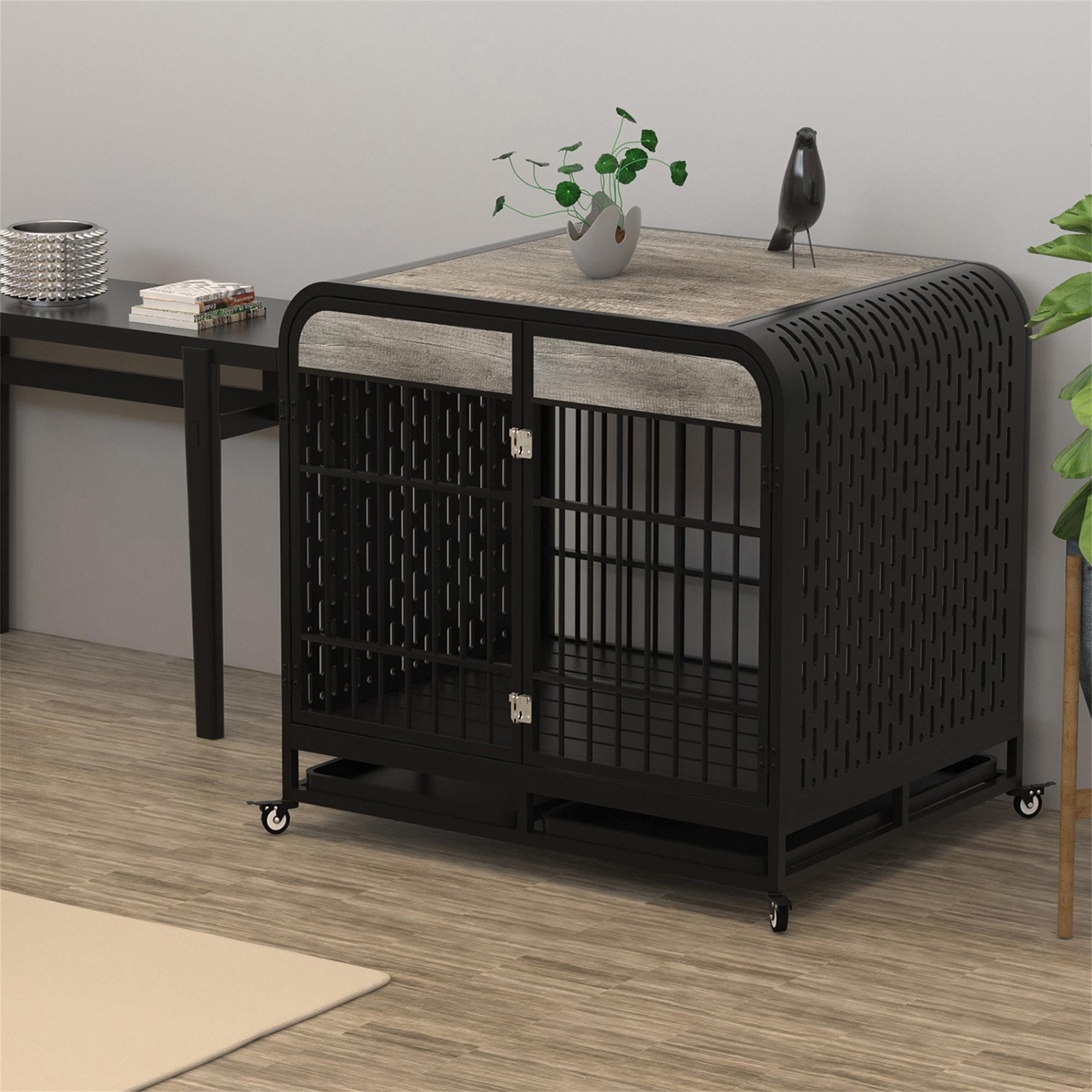 Pefilos 42" Heavy Duty Indestructible Dog Crate Furniture, Escape Proof Dog Cage Kennel with Lockable Wheels, High Anxiety Double Door, Removable Tray, Gray Pefilos 42" Heavy Duty Indestructible Dog Crate Furniture, Escape Proof Dog Cage Kennel with Lockable Wheels, High Anxiety Double Door, Removable Tray, Gray
