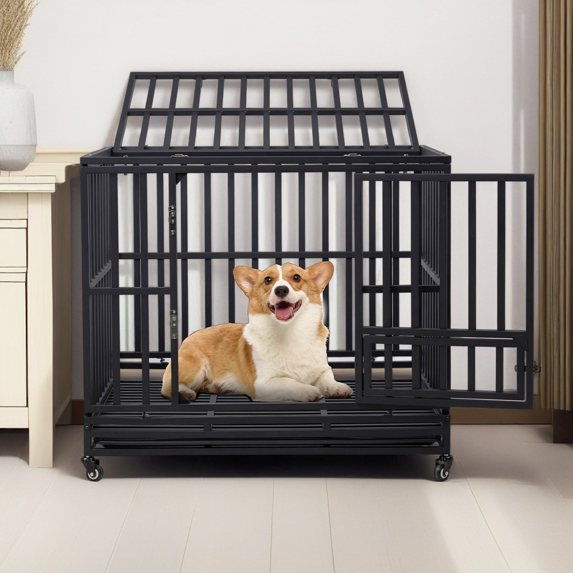 Pefilos 42" Heavy Duty Indestructible Dog Crate with Wheels, High Anxiety Dog Cage, Sturdy Locks, Removable Tray Design, Large Dog Kennel, Black Pefilos 42" Heavy Duty Indestructible Dog Crate with Wheels, High Anxiety Dog Cage, Sturdy Locks, Removable Tray Design, Large Dog Kennel, Black