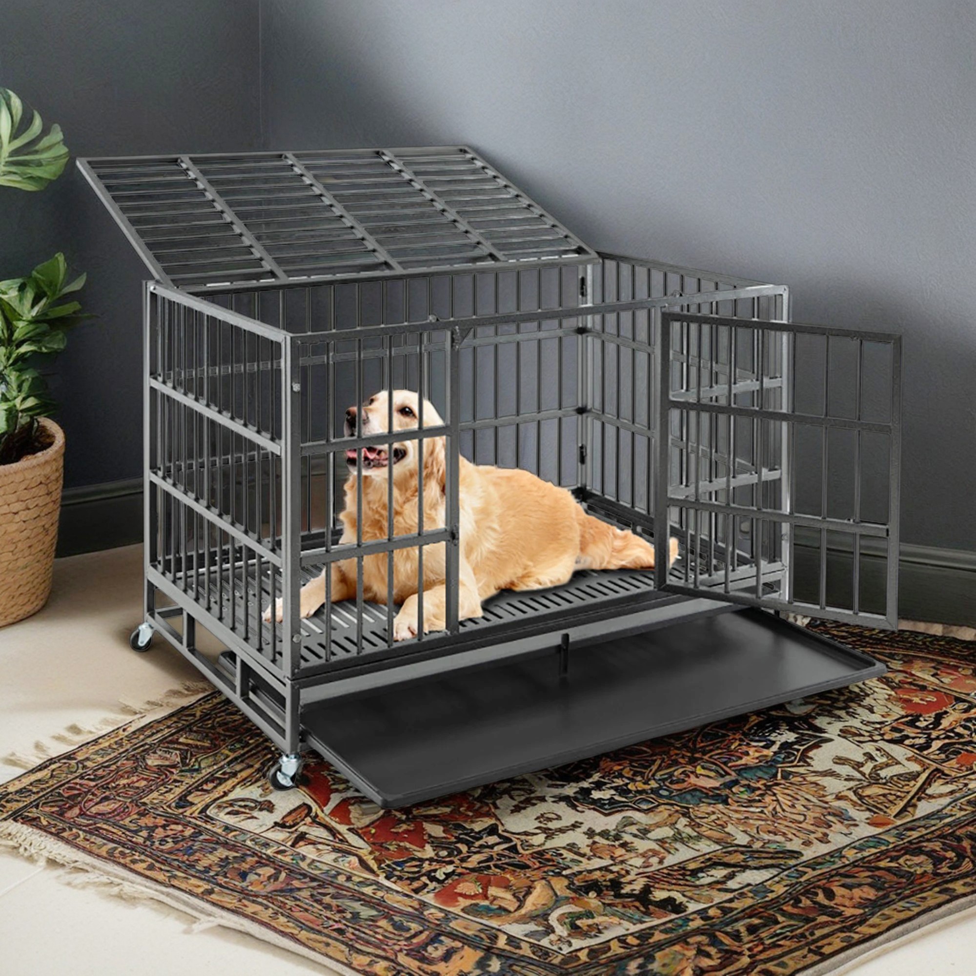 Pefilos 48 Inch Heavy Duty Dog Crate, Escape Proof Dog Cage Kennel with Lockable Wheels, Extra Large House Indoor for Large Dog with Removable Tray, Black, L