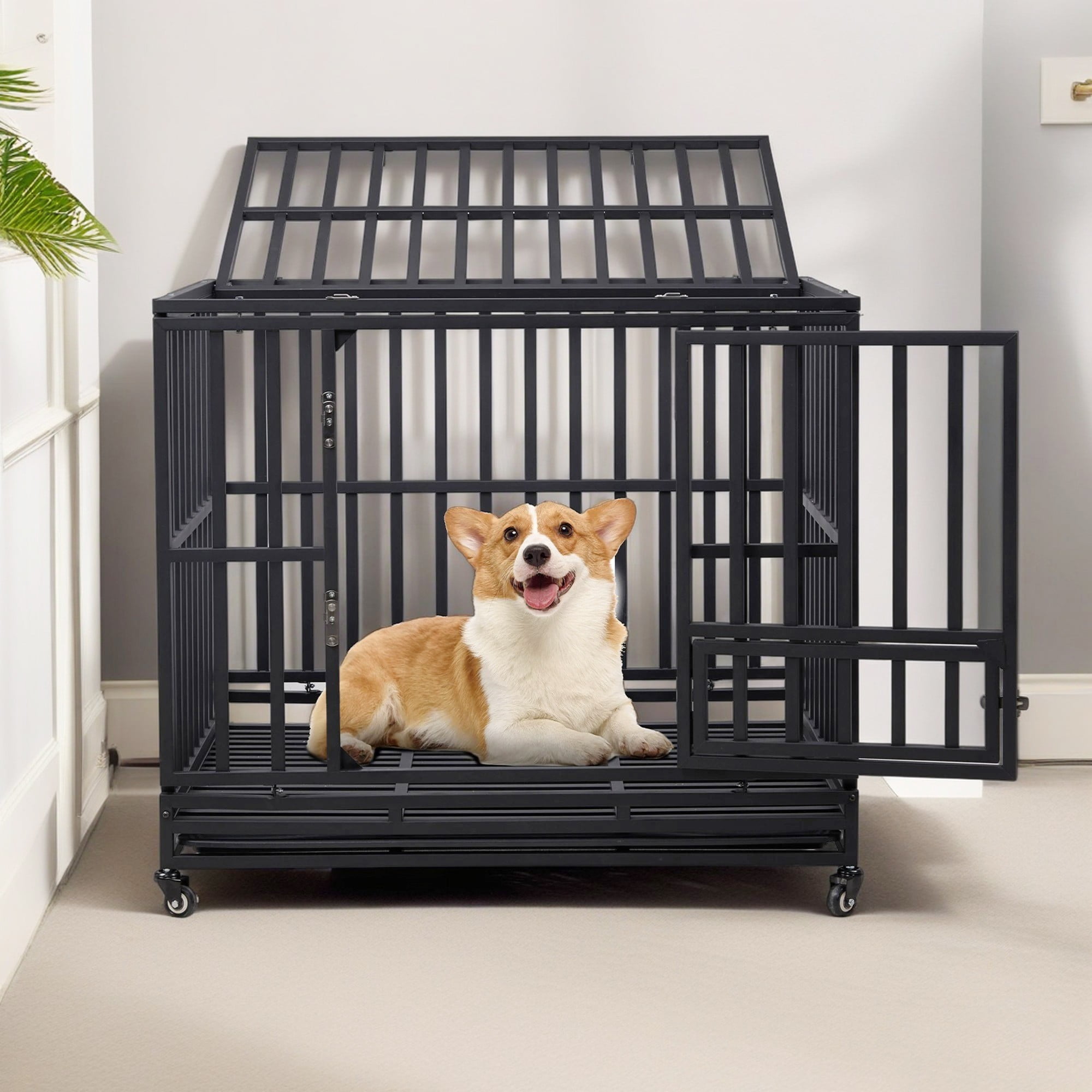 Pefilos 42" Indoor Heavy Duty Dog Crate, 3-Door Dog Cage Kennel for Medium to Large Dogs with Lockable Wheels and Removable Tray, Black Pefilos 42" Indoor Heavy Duty Dog Crate, 3-Door Dog Cage Kennel for Medium to Large Dogs with Lockable Wheels and Removable Tray, Black