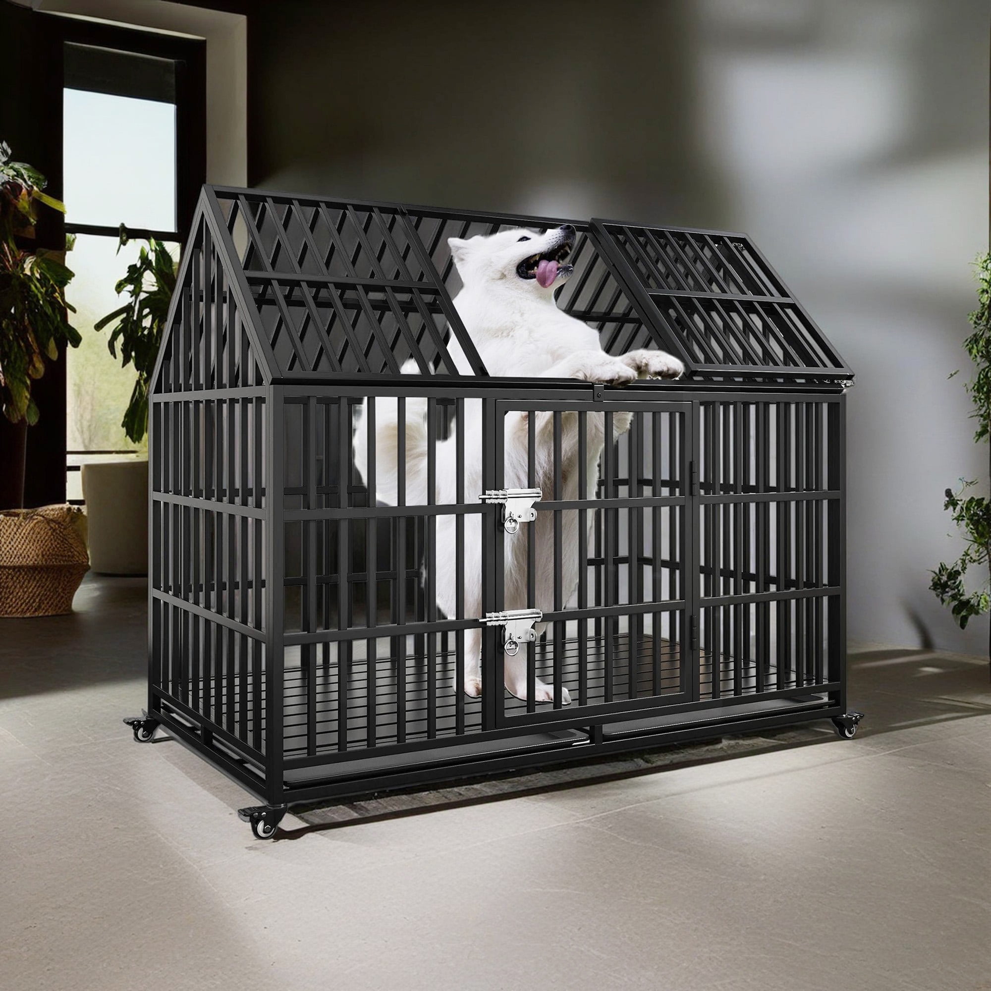 Pefilos 54" Large Dog Cage for Indoor Heavy Duty Metal Dog Crate Kennel with 4 Universal Wheels, Openable Pointed Top and Front Door, Black