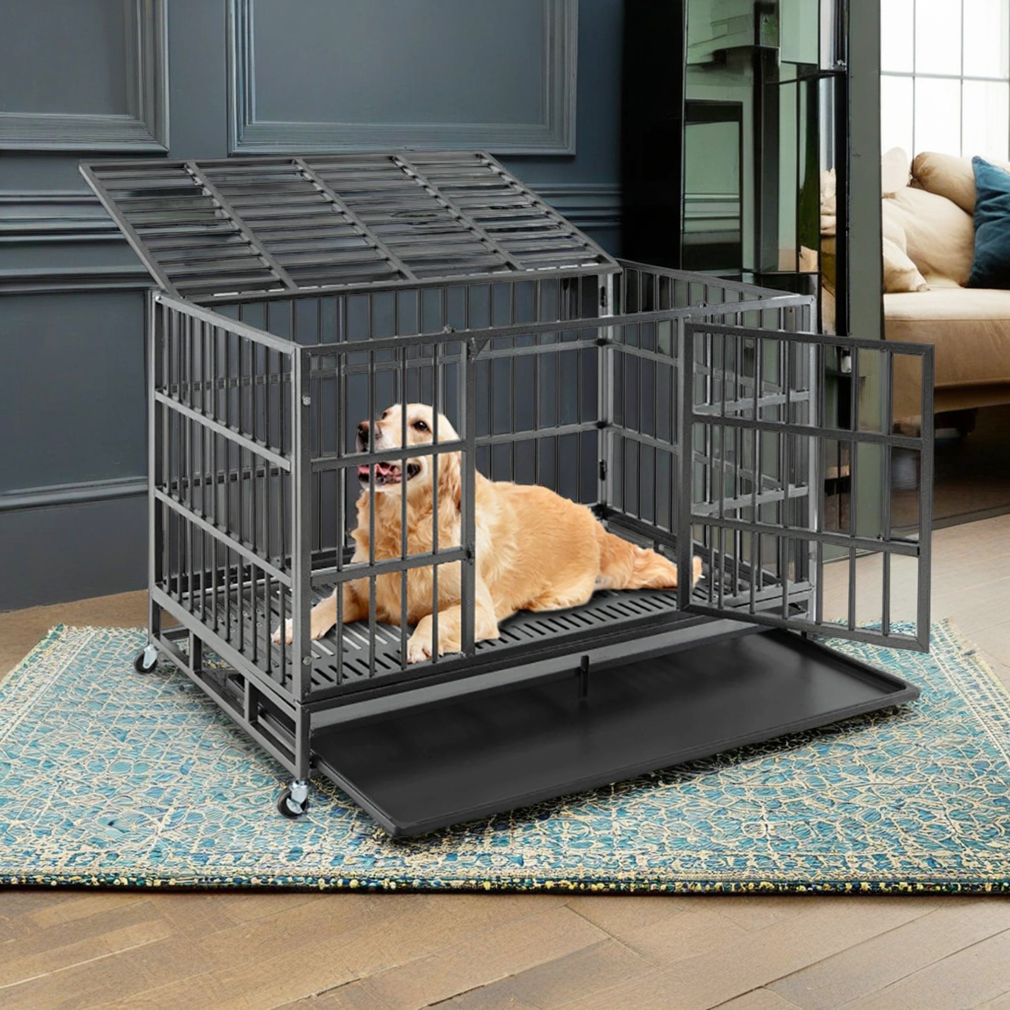 Pefilos 48" Large Dog House Indoor for Dogs, Heavy Duty Dog Crate, Escape Proof Dog Cage Kennel with Removable Tray and Wheels, Black, L Pefilos 48" Large Dog House Indoor for Dogs, Heavy Duty Dog Crate, Escape Proof Dog Cage Kennel with Removable Tray and Wheels, Black, L