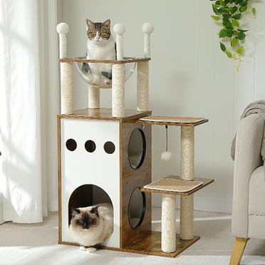 Pefilos 42" Modern Cat Tree Tower with Double Spacious Condos Perch, Sisal Scratching Post, Kittens Toys Activity Centre Cat Tree House, Brown