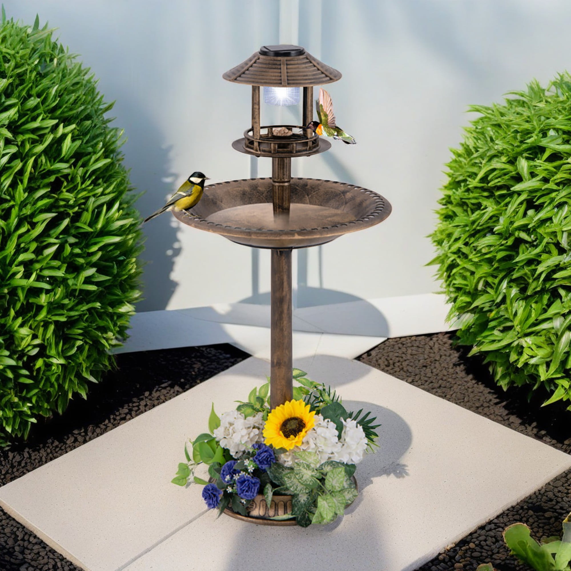 Pefilos 42" Outdoor Garden Bird Bath with Solar Light, Weather Resistant Pedestal, Backyard Bird Feeder and Flower Planter, Brown Pefilos 42" Outdoor Garden Bird Bath with Solar Light, Weather Resistant Pedestal, Backyard Bird Feeder and Flower Planter, Brown