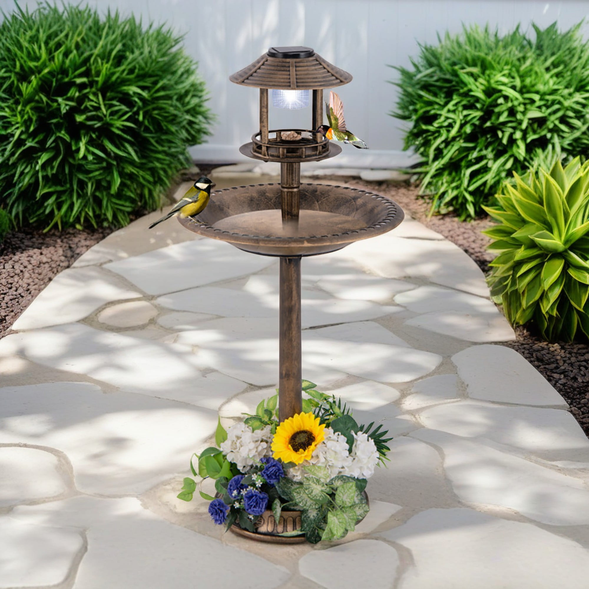 Pefilos 42" Outdoor Pedestal Garden Bird Bath with Solar Light, Bird Feeder and Flower Planter, Bronze Brown Pefilos 42" Outdoor Pedestal Garden Bird Bath with Solar Light, Bird Feeder and Flower Planter, Bronze Brown
