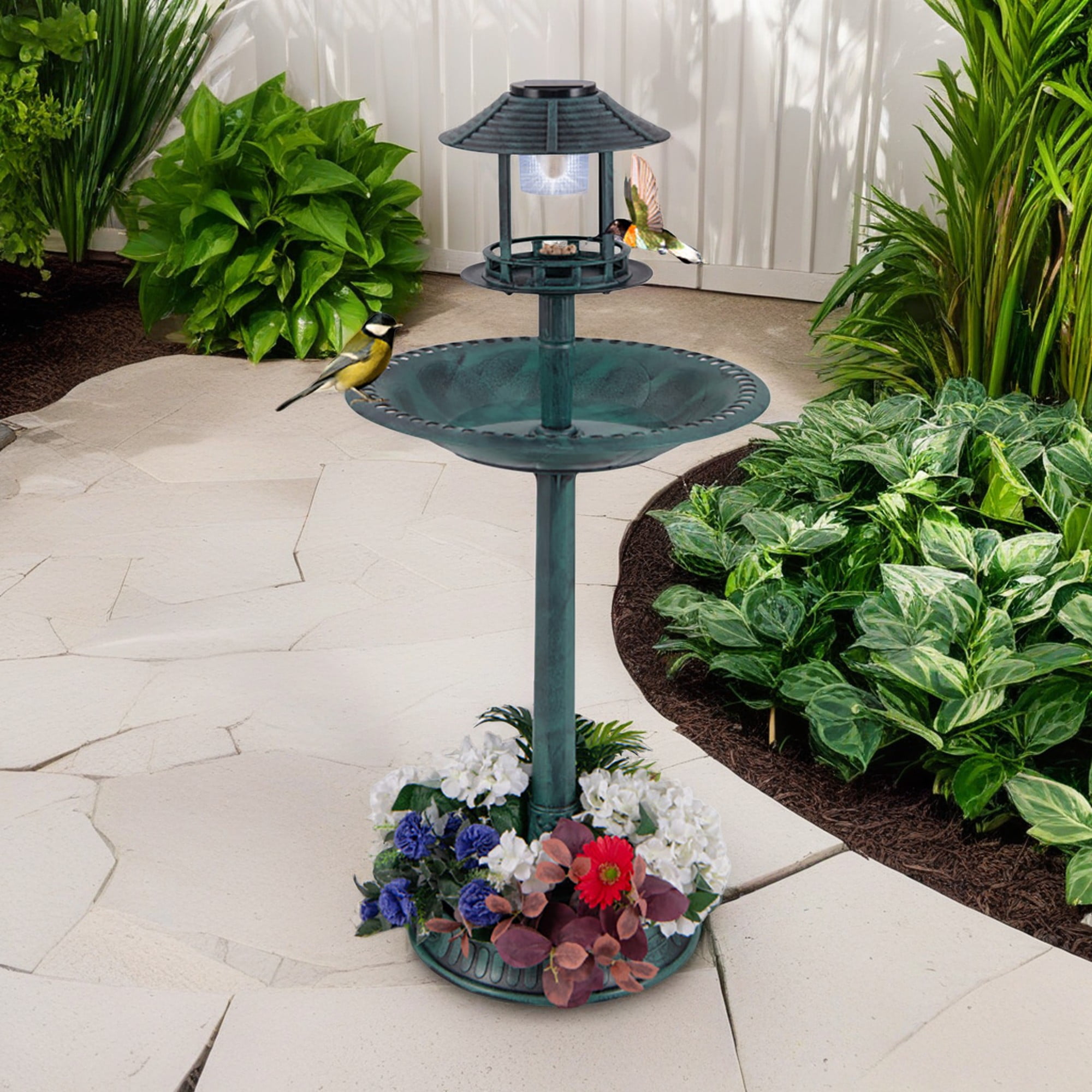 Pefilos 42" Outdoor Pedestal Garden Bird Bath with Solar Light, Bird Feeder and Flower Planter, Bronze Green Pefilos 42" Outdoor Pedestal Garden Bird Bath with Solar Light, Bird Feeder and Flower Planter, Bronze Green
