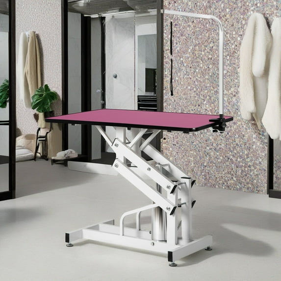 Pefilos 42" Pet Grooming Table for Dogs Cats, Z-Lift Adjustable Heavy Type Hydraulic Grooming Table, Foldable Dog Grooming Table for Home, Pink