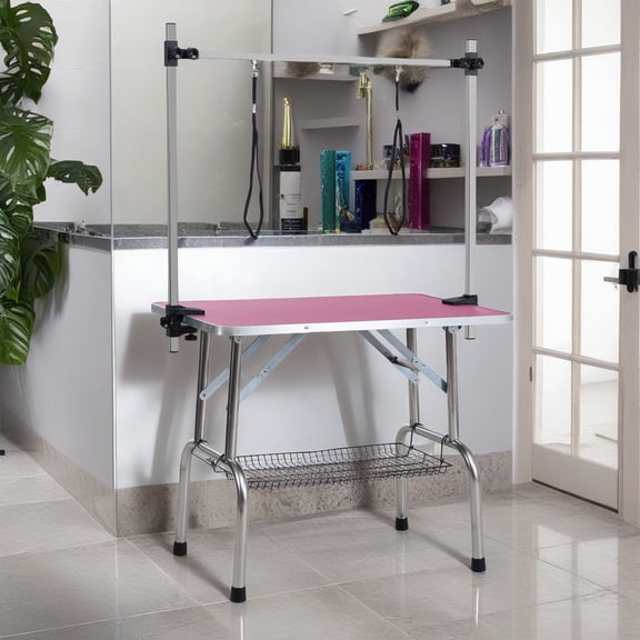 Pefilos 42" Pet Grooming Table for Large Dogs Adjustable Height Portable Trimming Table Drying Table w/Arm/Noose/Mesh Tray, Pink