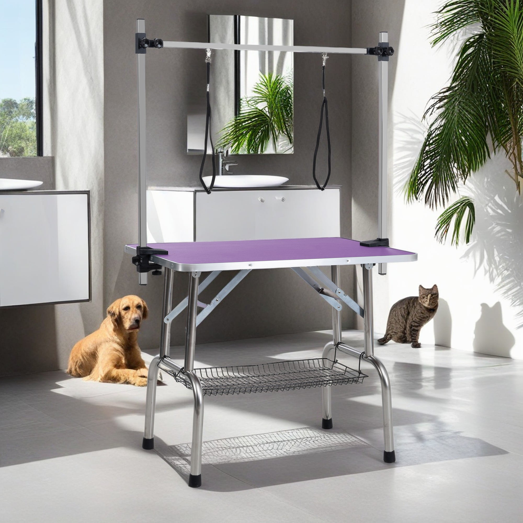 Pefilos 42" Pet Grooming Table for Large Dogs Adjustable Height Portable Trimming Table Drying Table w/Arm/Noose/Mesh Tray, Purple Pefilos 42" Pet Grooming Table for Large Dogs Adjustable Height Portable Trimming Table Drying Table w/Arm/Noose/Mesh Tray, Purple