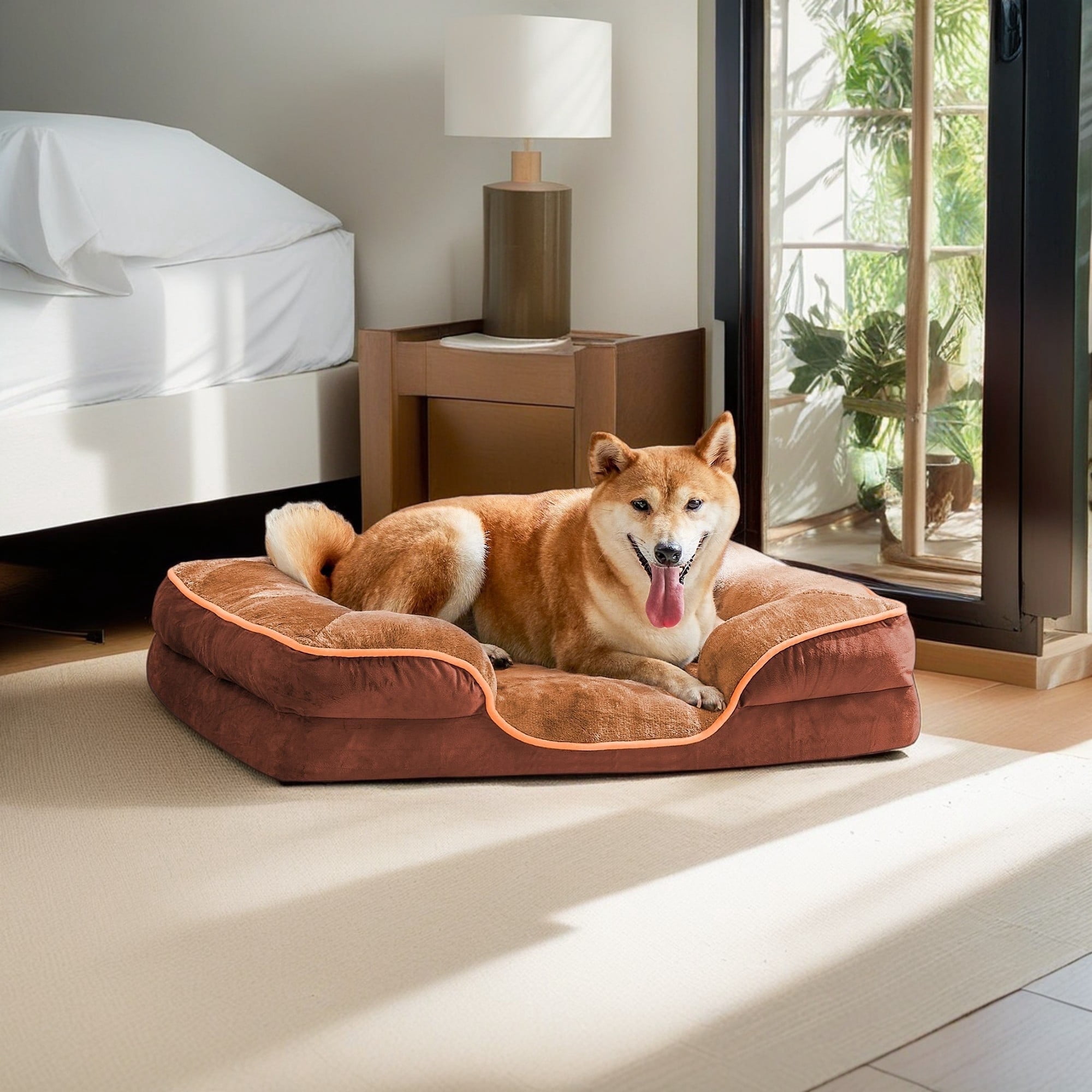 Pefilos 42"x32" Orthopedic Dog Bed, Supportive Foam Pet Sofa Beds with Removable Washable Cover, Brown